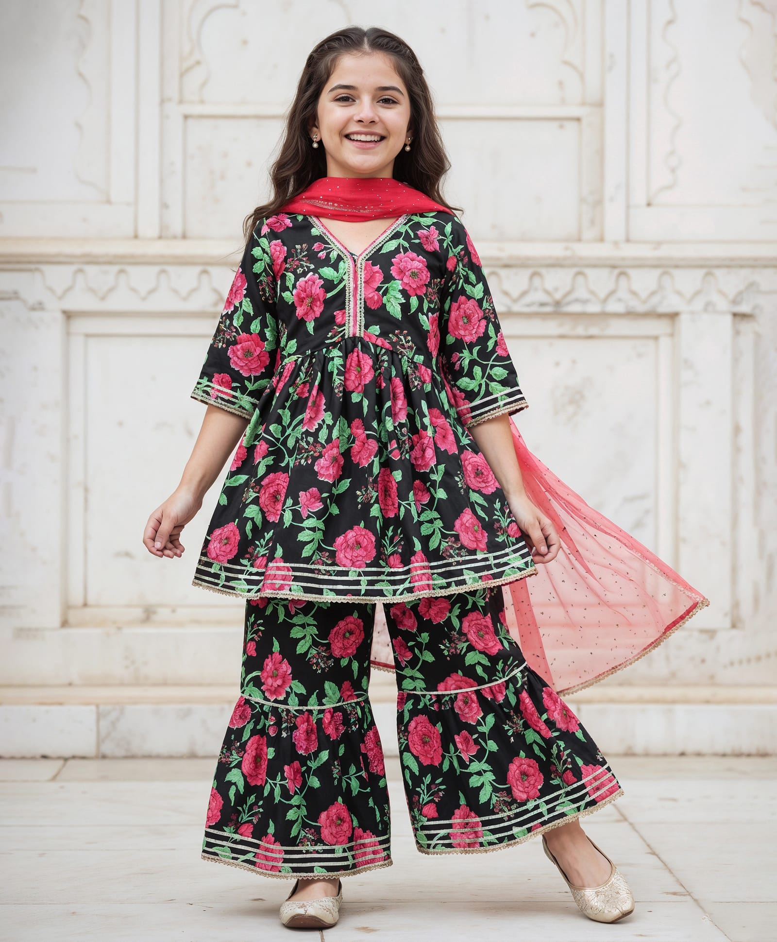 Pine Kids Woven Three Fourth Sleeves Kurta Gharara & Dupatta Set With Floral Print - Black-picture-37