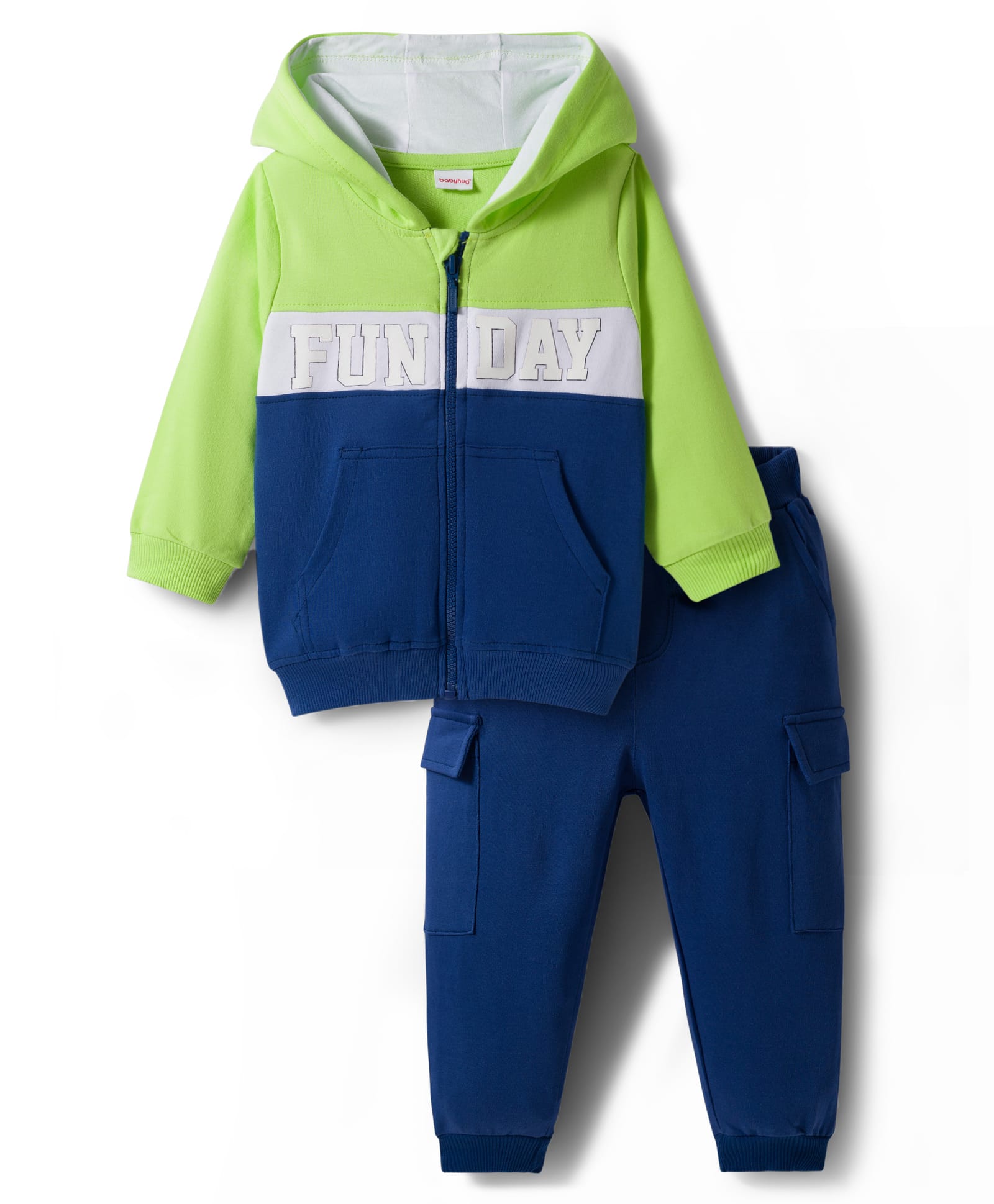 Babyhug Terry Knit Full Sleeves Hooded Cut & Sew T-Shirt & Lounge Pant Set with Kangaroo Pocket & Text Graphic - Blue & Neon Green-image-18
