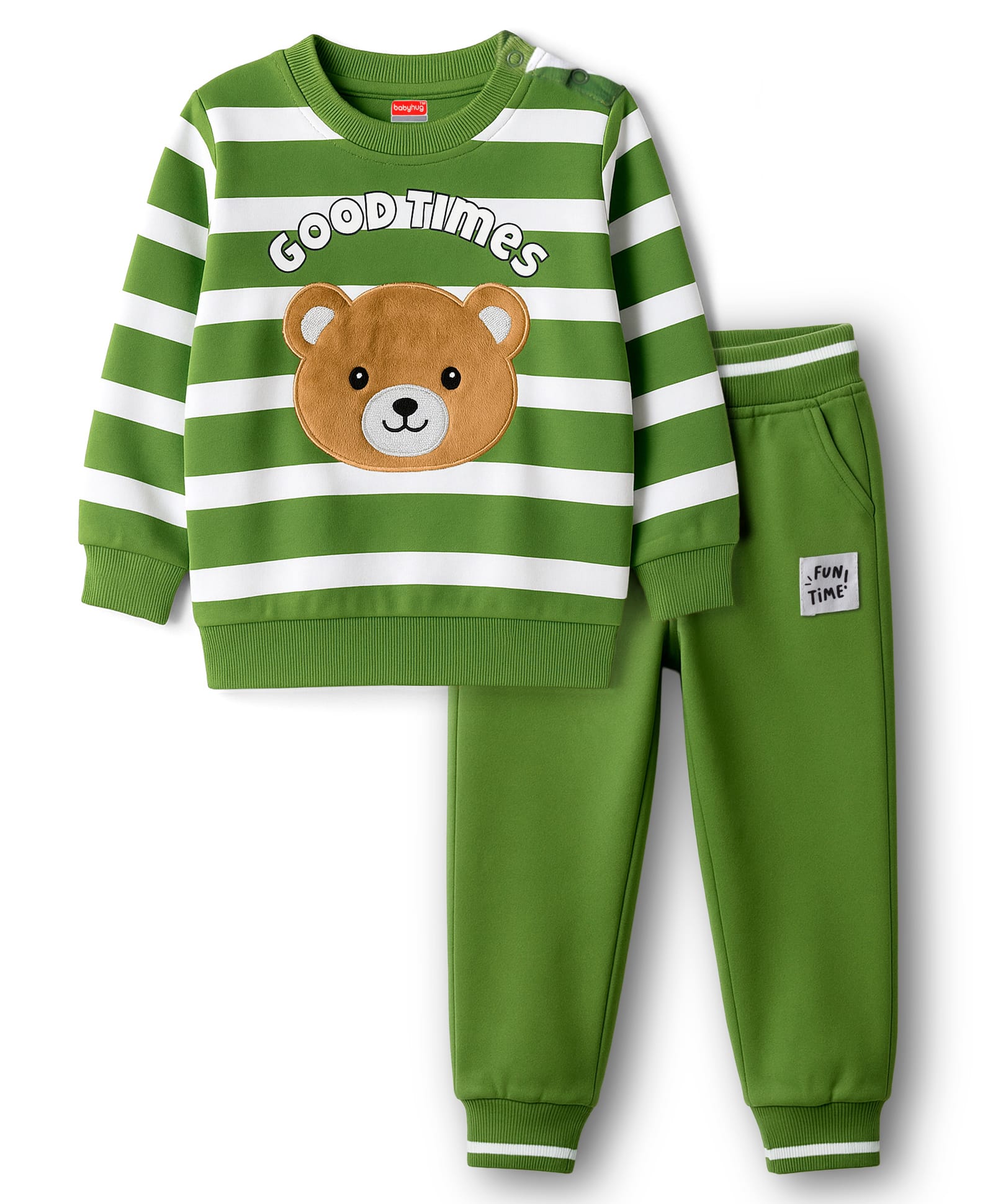 Babyhug Terry Knit Full Sleeves Striped Sweatshirt & Lounge Pant Set With Teddy Bear Patch - Green-picture-25
