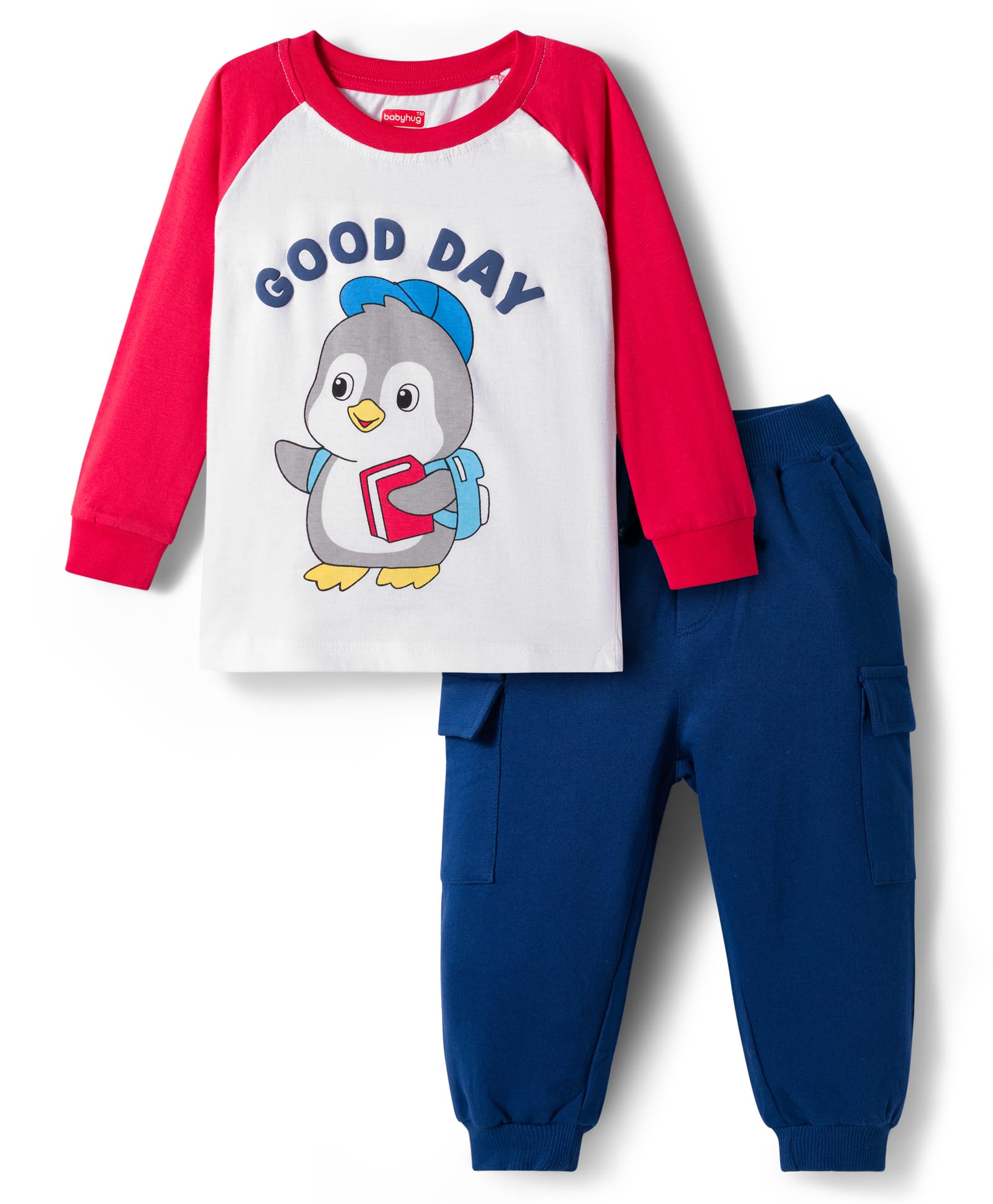 Babyhug Single Jersey Full Raglan Sleeves Sweatshirt and Lounge Pant Set with Penguin & Good Day Text Print - Red & Navy Blue-picture-15