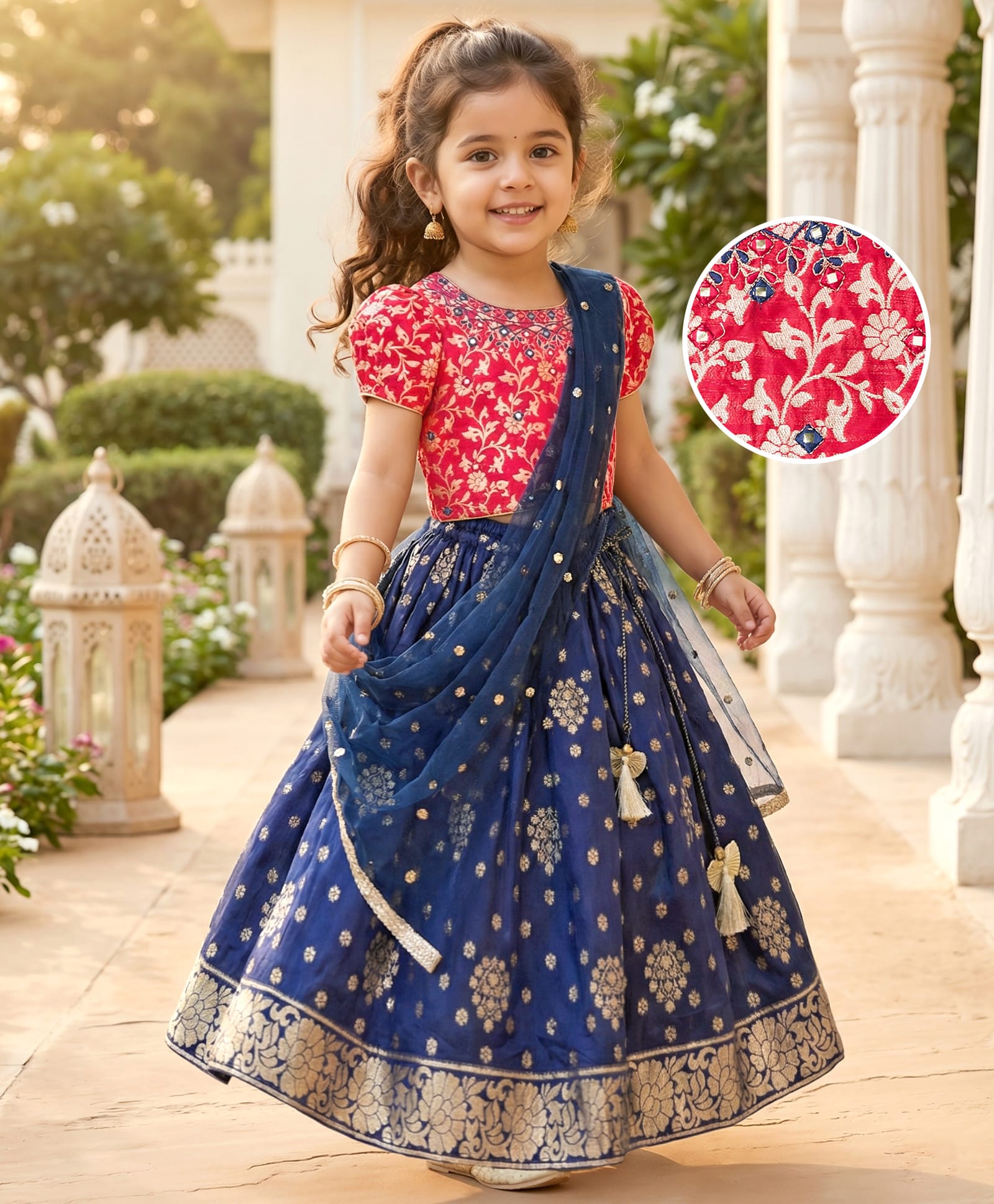 Babyhug Brocade Woven Half Puffed Sleeves Floral Foil Printed Choli Lehenga Set with Dupatta & Sequin Detailing - Navy Blue & Red-image-42
