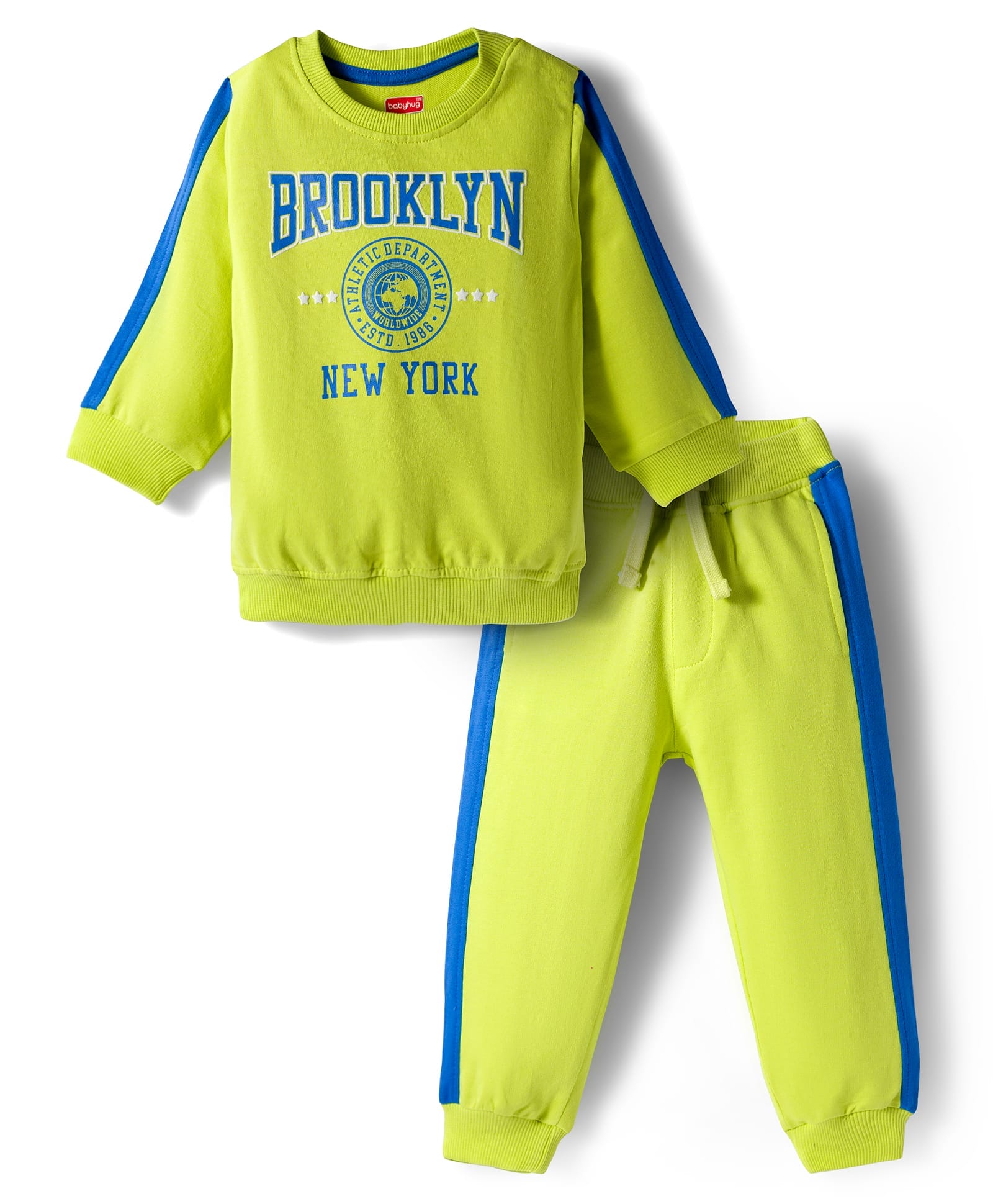 Babyhug Knit Premium Light Gauge Terry Full Sleeves Sweatshirt & Joggers Set With Brooklyn Text Print - Neon Green-image-33