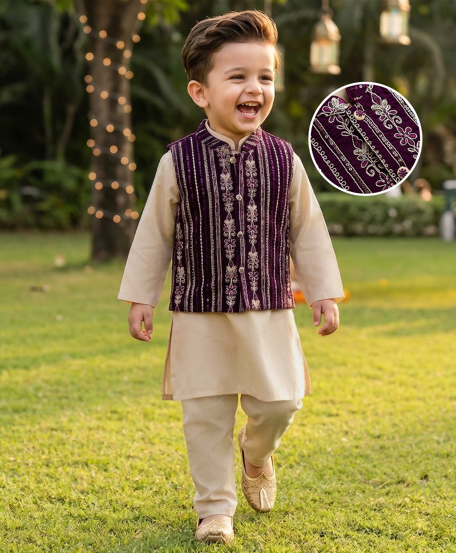 Babyhug Cotton Woven Full Sleeves Kurta Pajama Set with Jacket & Floral Embroidery - Beige-image-32