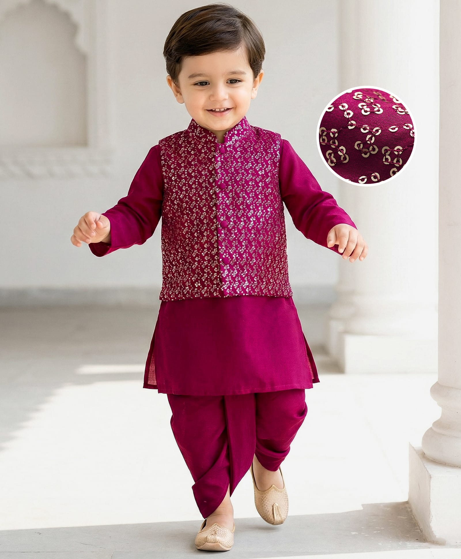 Babyhug Rayon Woven Full Sleeves Solid Kurta Dhoti Set with Sequenced Nehru Jacket - Magenta Pink-image-41