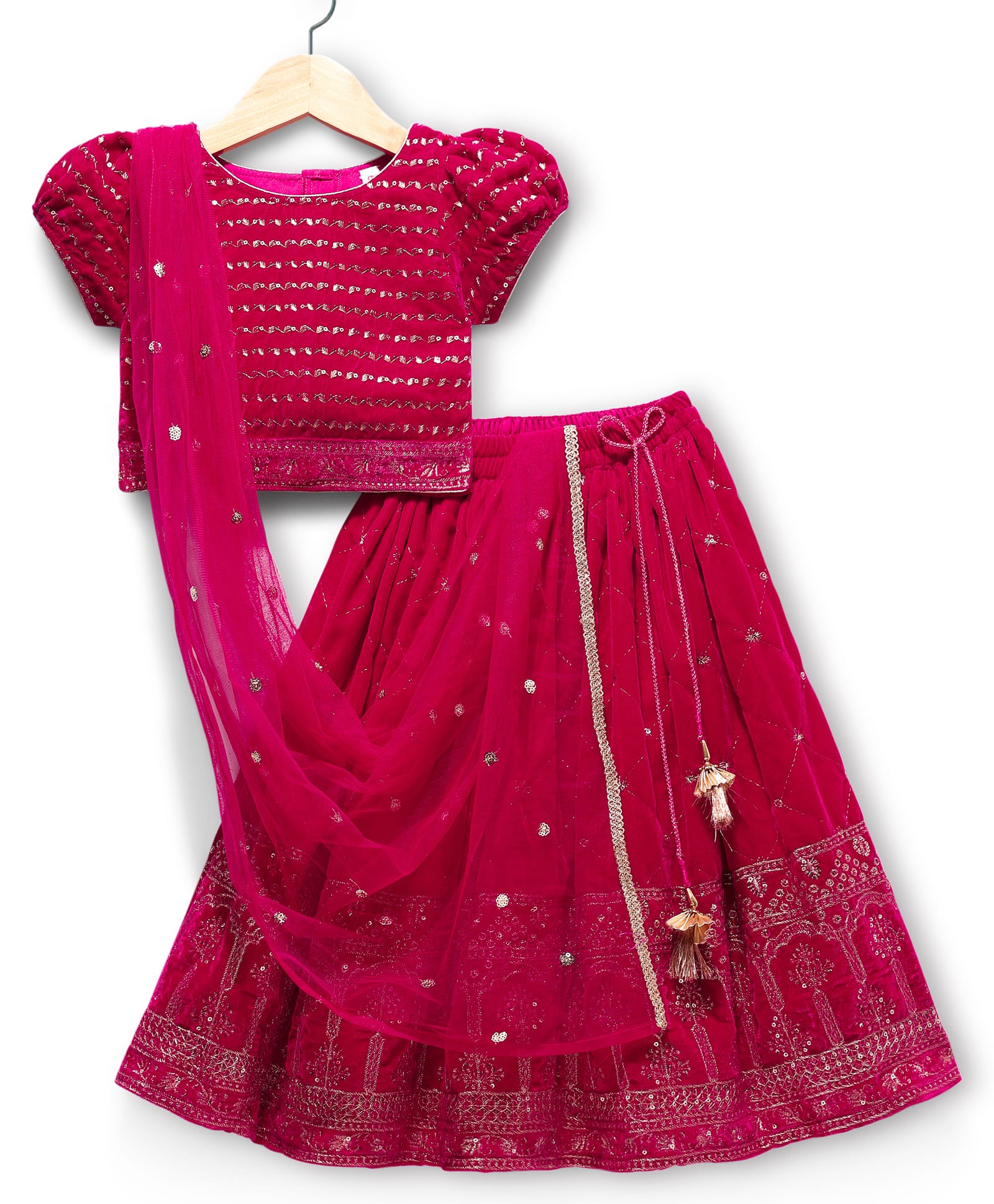 Babyhug Georgette Woven Half Puffed Sleeves Choli Lehenga Set with Dupatta Embroidery & Sequin Detailing - Dark Pink