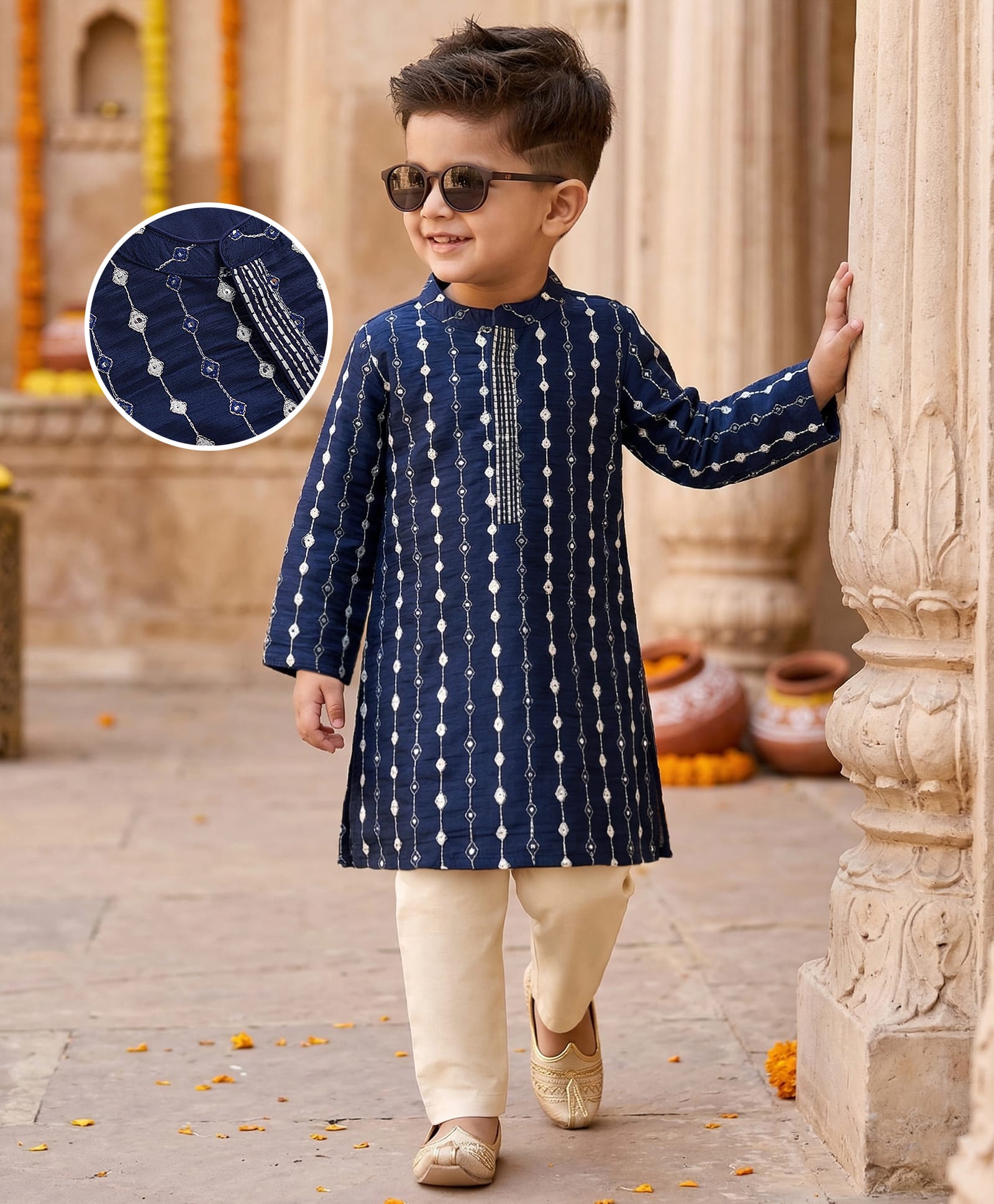 Babyhug Georgette Woven Full Sleeves Kurta Pyjama Set with Mirror Embroidery - Navy Blue-picture-23