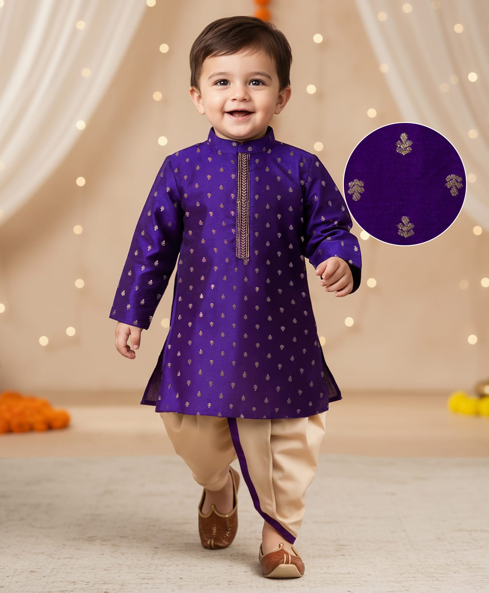 Babyhug Brocade Woven Full Sleeves Kurta Dhoti Set With Floral Foil Print - Purple-picture-21