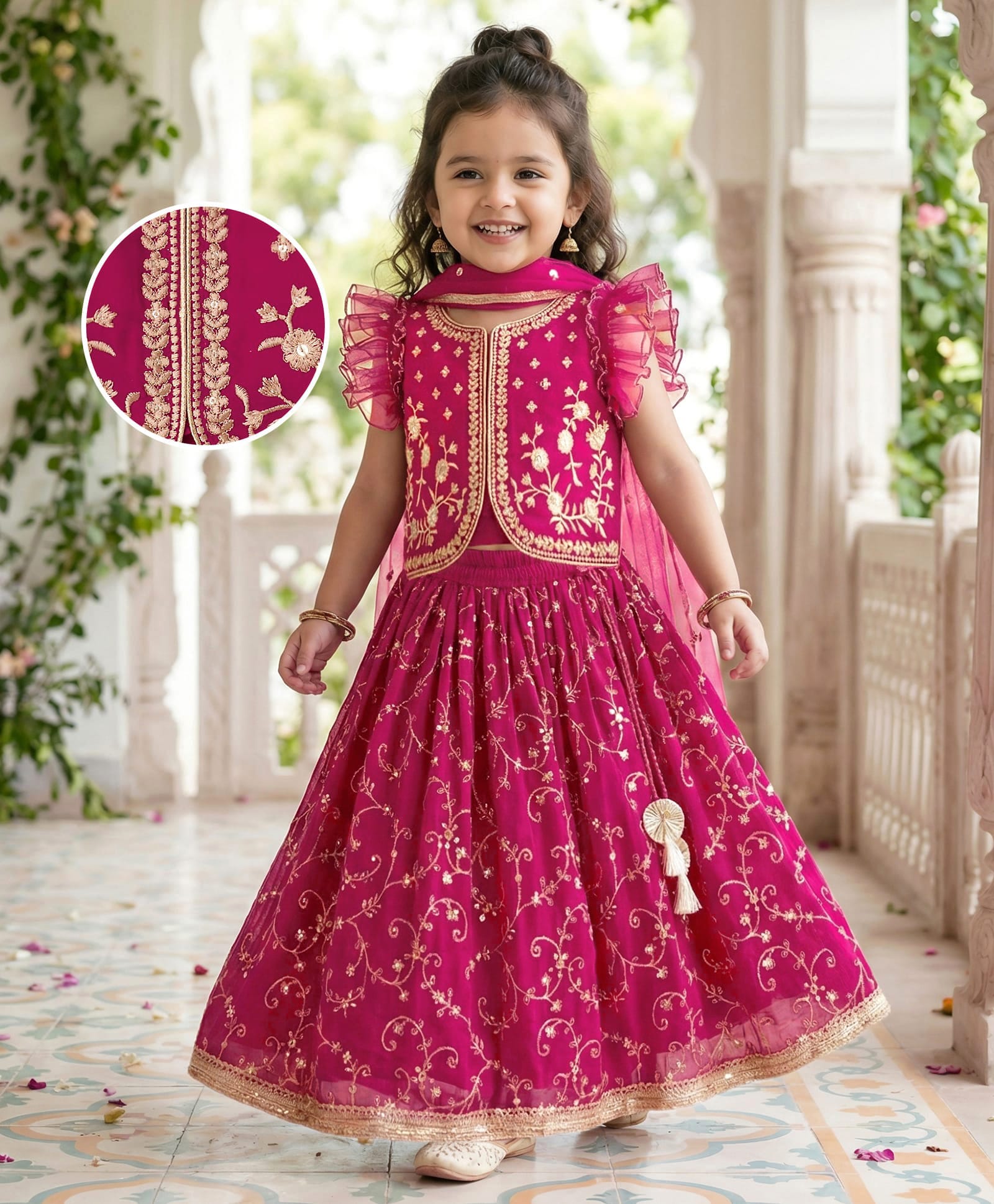 Babyhug Georgette Woven Frill Sleeves Choli Lehenga & Dupatta Set With Floral Embriodery - Red