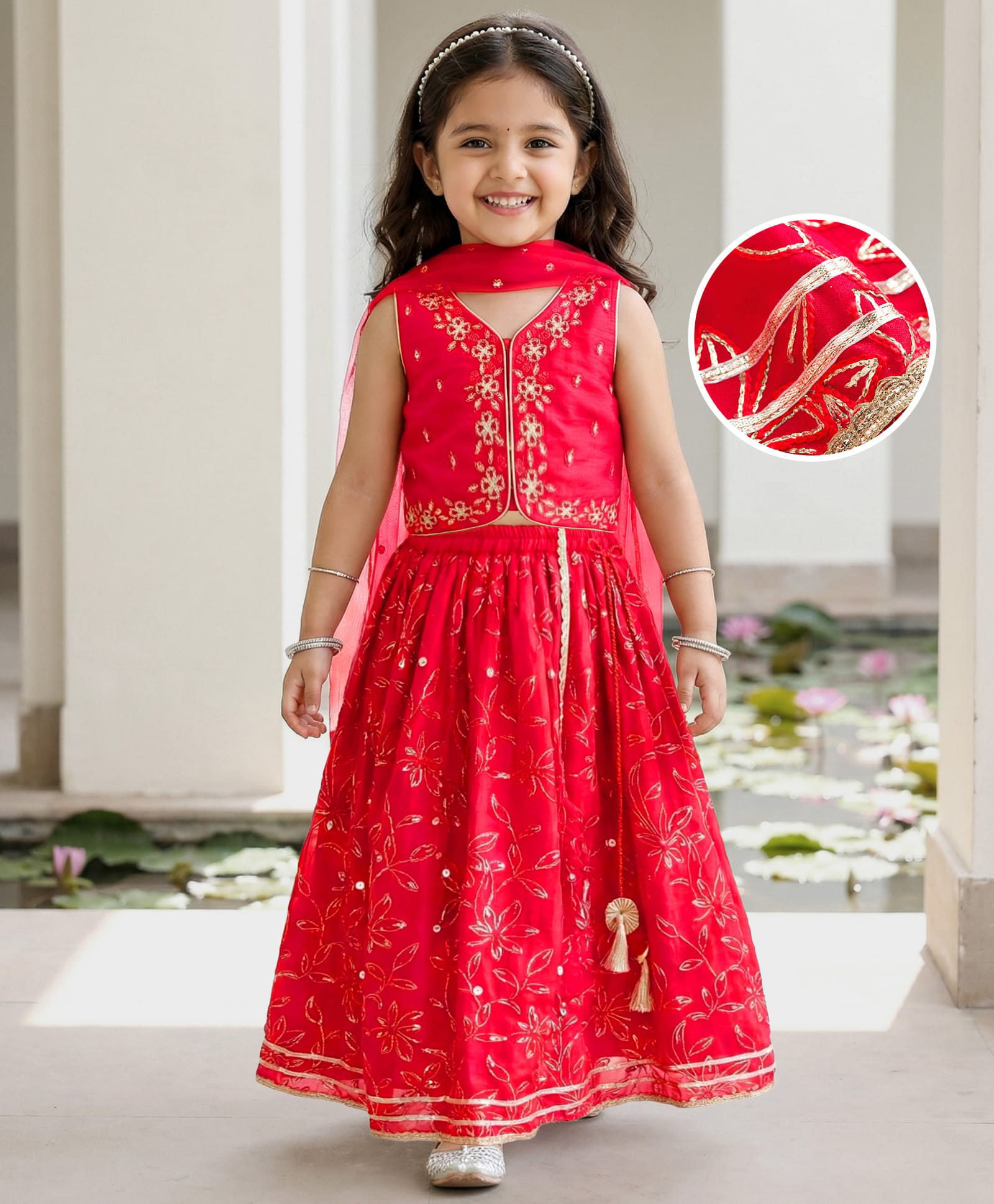 Babyhug Georgette Woven Half Sleeves Choli Lehenga & Dupatta Set with Floral Embroidery - Hot Pink-image-35