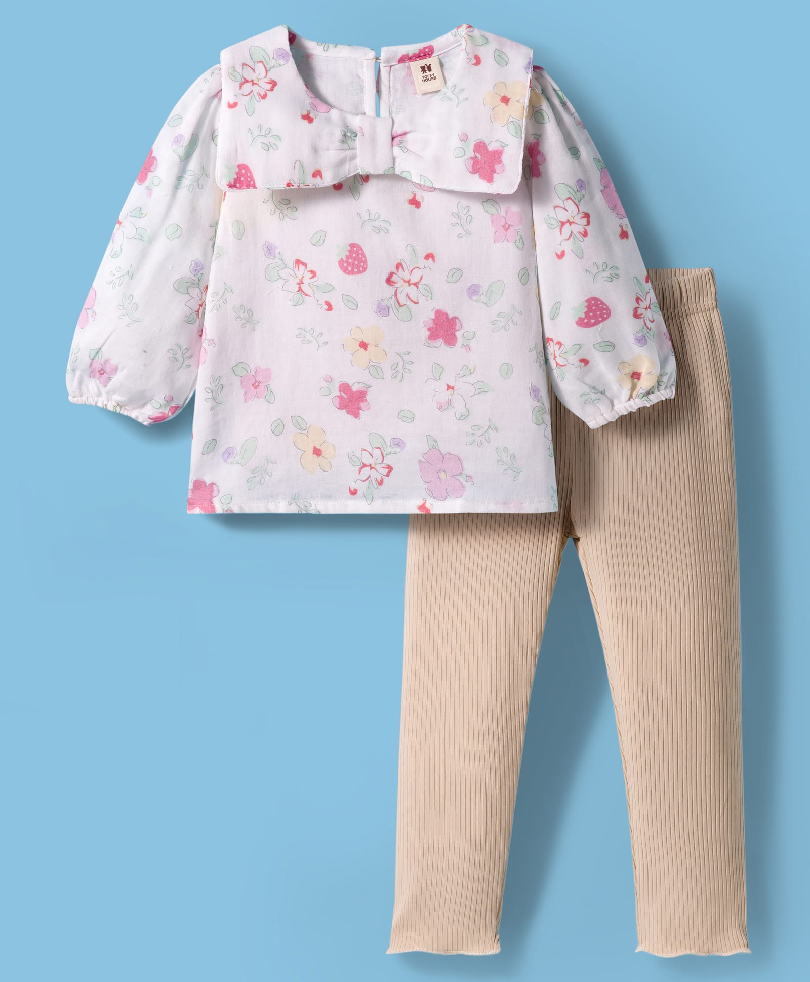 ToffyHouse Cotton Woven Full Sleeves Top and Leggings Set with Floral Print - White & Beige-picture-27
