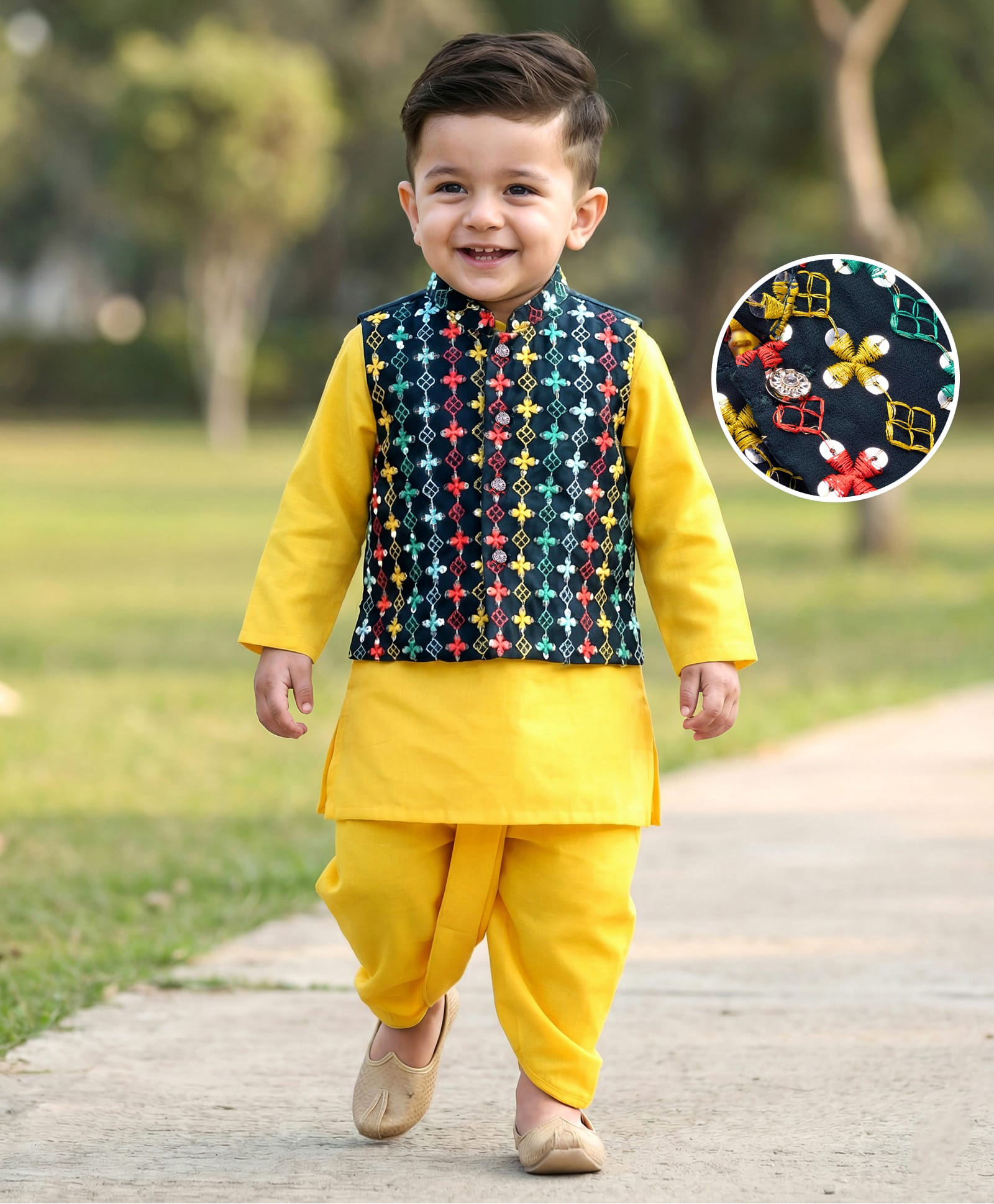 Babyhug Cotton Woven Full Sleeves Kurta Dhoti & Floral Embroidered Jacket Set - Yellow-image-14