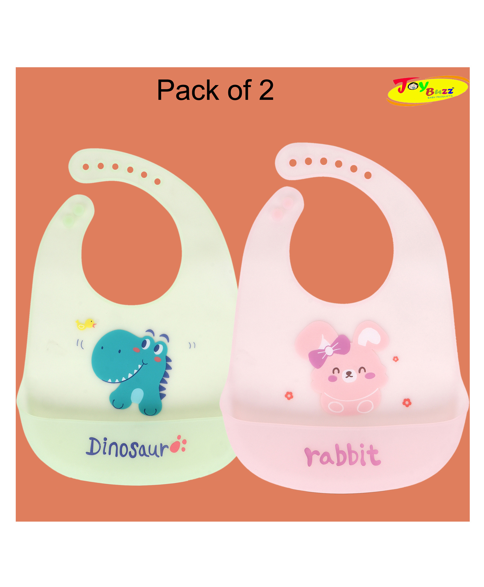 Joy Buzz Waterproof Silicone Feeding Bib With Adjustable Strap Pack Of 2 - Pink,Yellow-image-37