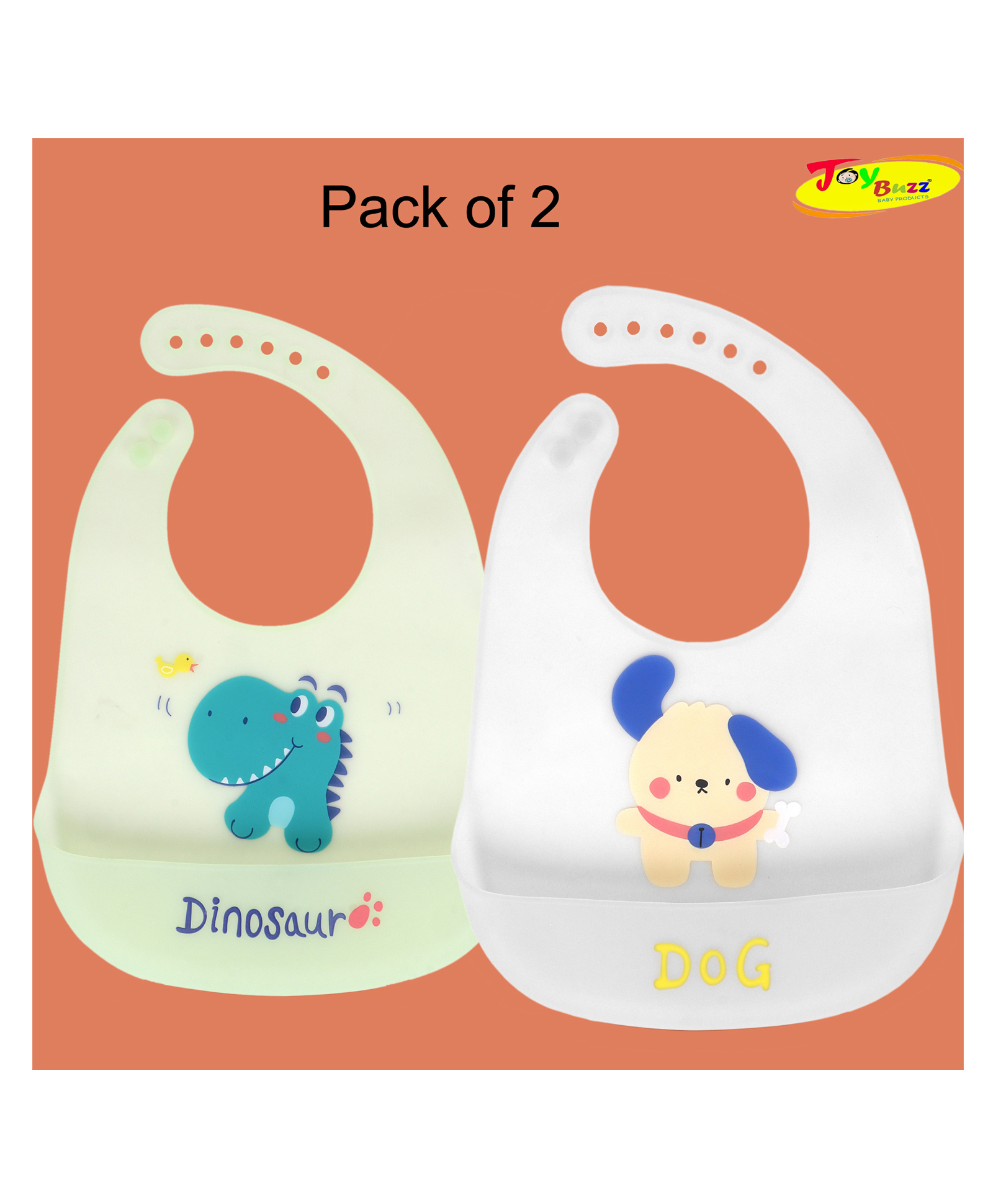 Joy Buzz Waterproof Silicone Feeding Bib With Adjustable Strap Pack Of 2 - Green,Offwhite-image-39
