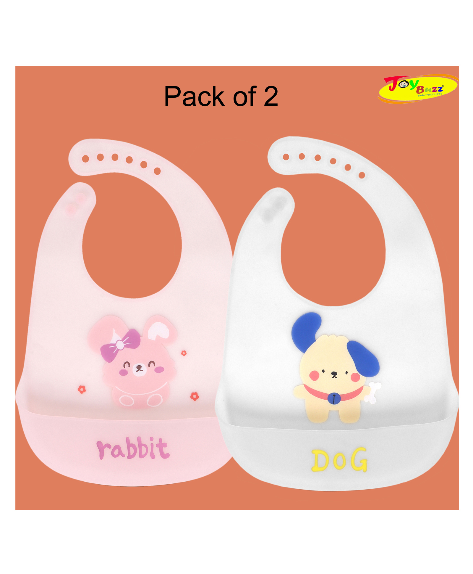 Joy Buzz Waterproof Silicone Feeding Bib With Adjustable Strap Pack Of 2 - Pink,Offwhite-image-40