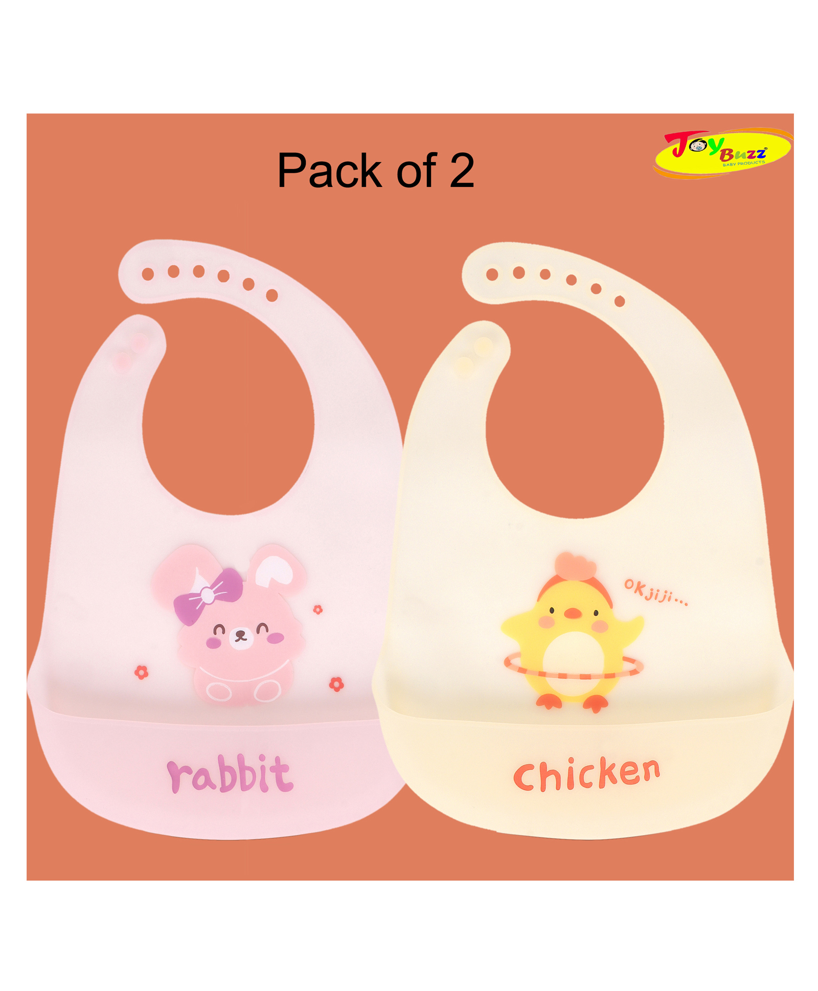 Joy Buzz Waterproof Silicone Feeding Bib With Adjustable Strap Pack Of 2 - Pink,Yellow-image-41