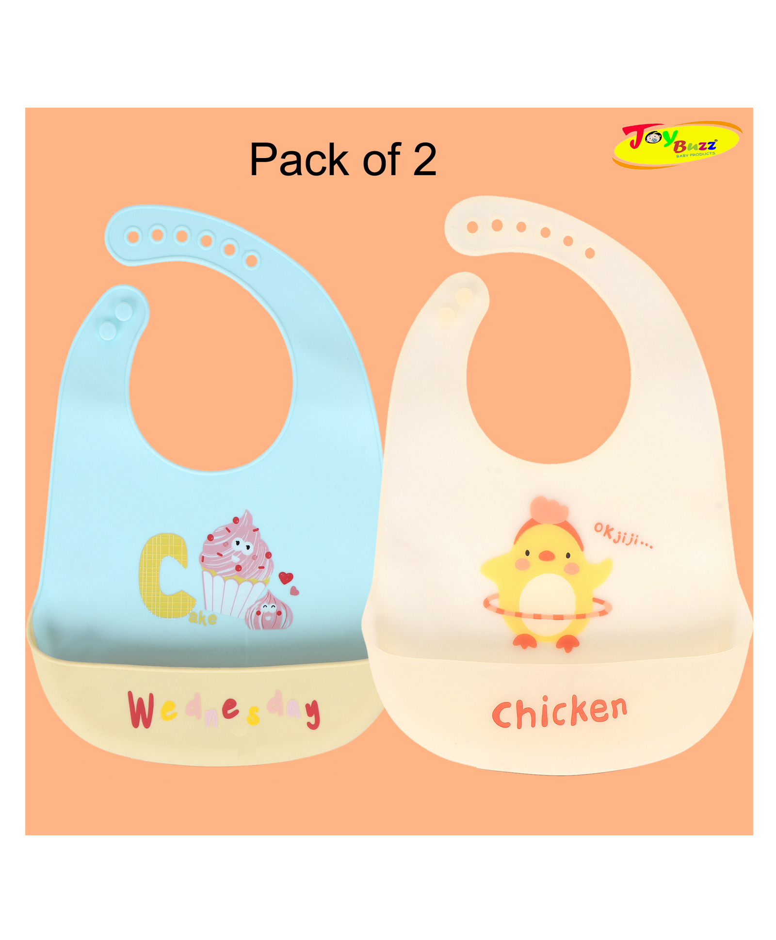 Joy Buzz Waterproof Silicone Feeding Bib With Adjustable Strap Pack Of 2 - Blue,Yellow-image-42