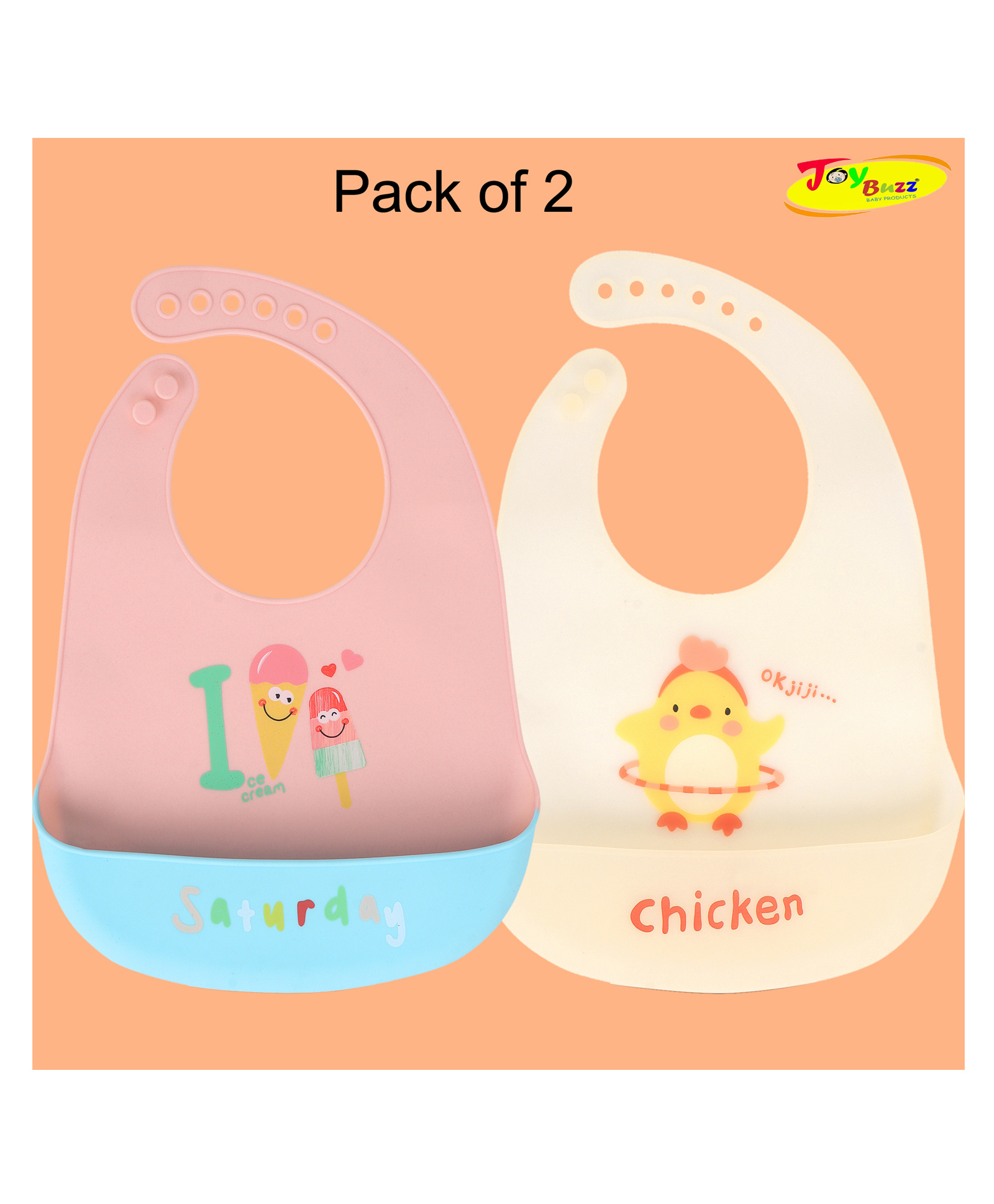Joy Buzz Waterproof Silicone Feeding Bib With Adjustable Strap Pack Of 2 - Pink,Yellow-image-43