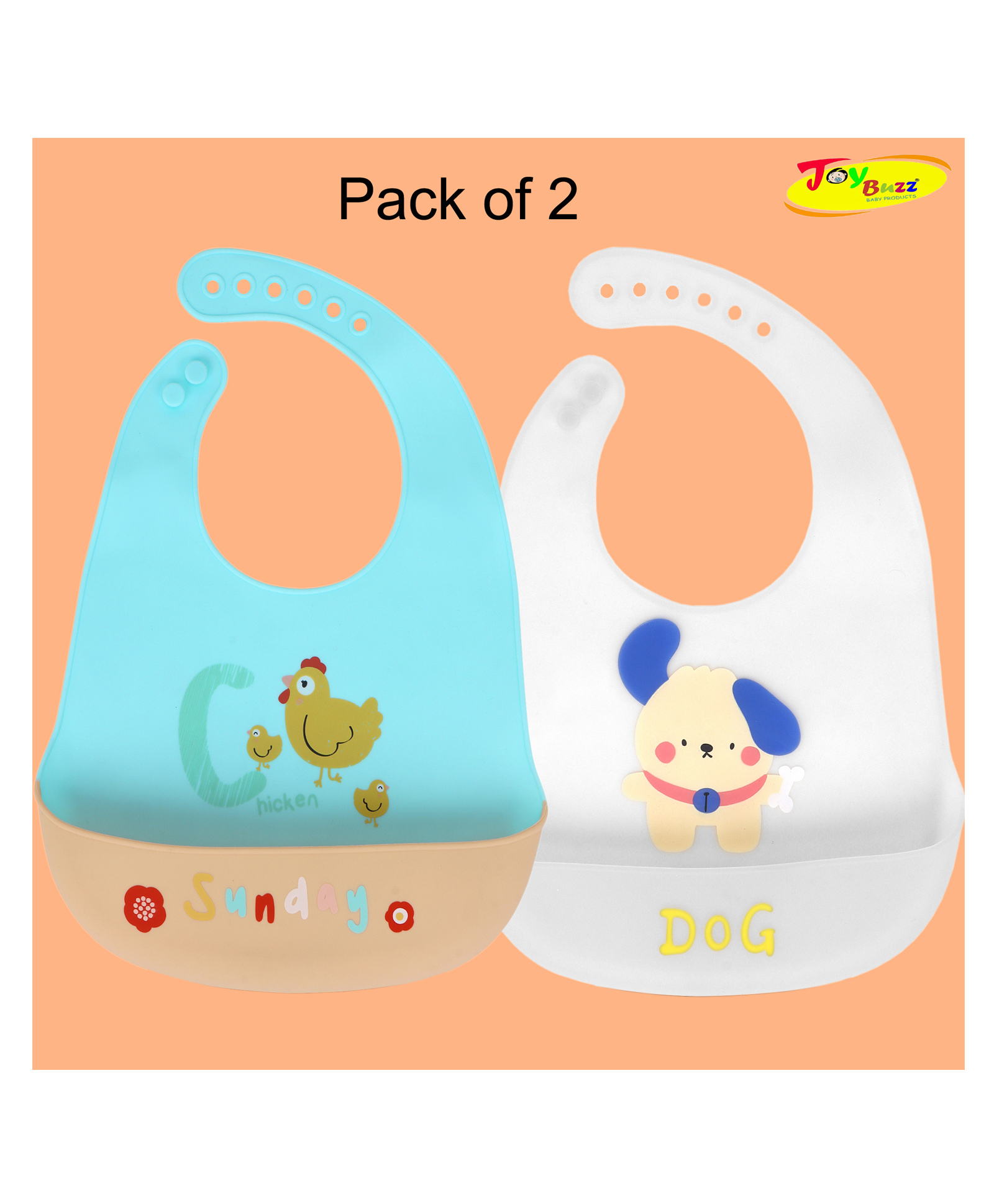 Joy Buzz Waterproof Silicone Feeding Bib With Adjustable Strap Pack Of 2 - Blue,White-image-44