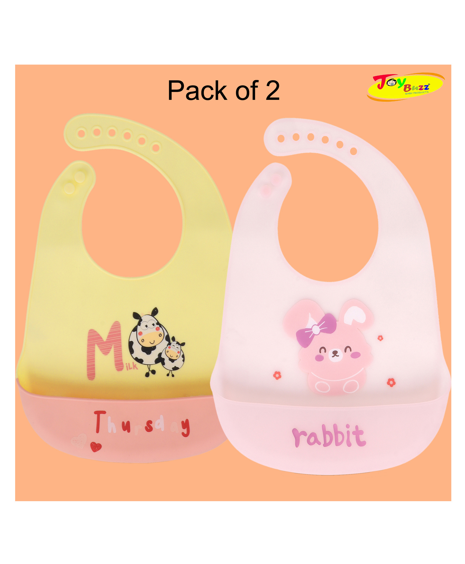 Joy Buzz Waterproof Silicone Feeding Bib With Adjustable Strap Pack Of 2 - Yellow,Pink-image-45