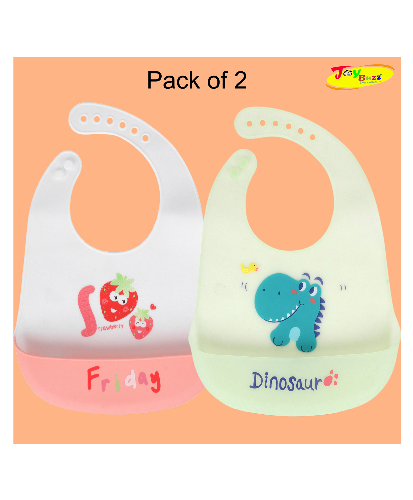 Joy Buzz Waterproof Silicone Feeding Bib With Adjustable Strap Pack Of 2 - Yellow,White-image-46