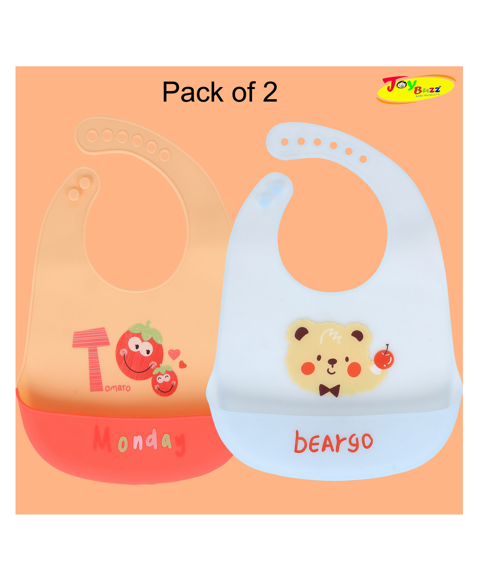 Joy Buzz Waterproof Silicone Feeding Bib With Adjustable Strap Pack Of 2 - Red,Blue-image-47