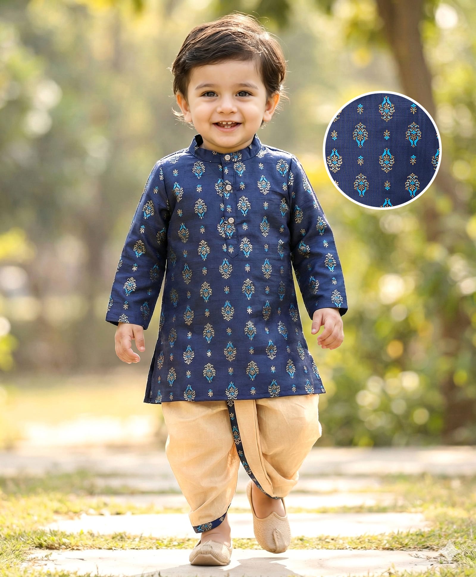 Babyhug Cotton Woven Full Sleeves Kurta Dhoti Set with Floral Motif Foil Print - Navy Blue & Beige-image-2