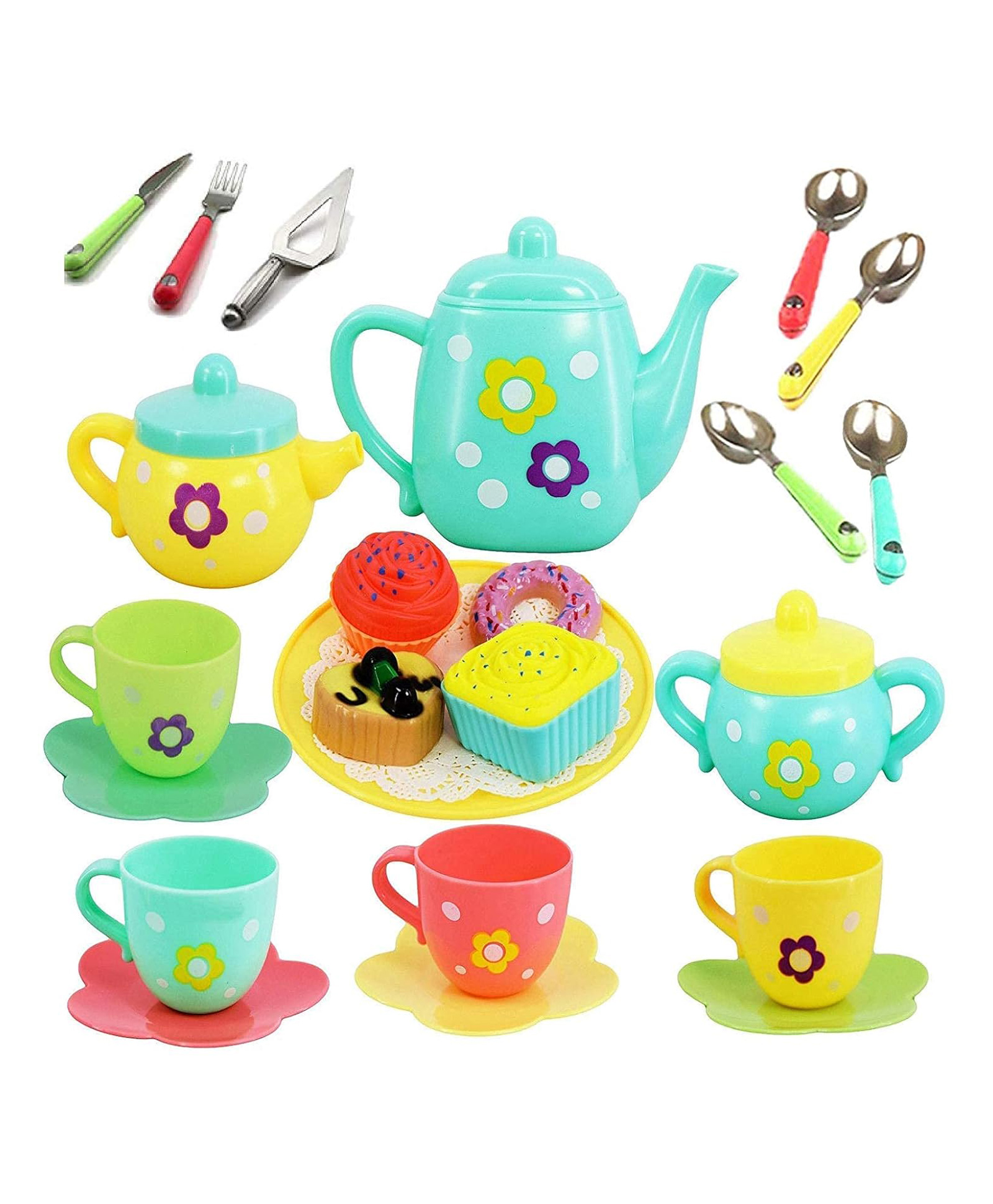 FUNVERSE Tea Set Tea Party Pretend Playset for Kids, Tea Set Party with Dessert Candy Muffin Toys Including Teapot Cups & Plates Girls Kitchen Toy Gift for Toddler Kids Boys Girls 3 Yrs+