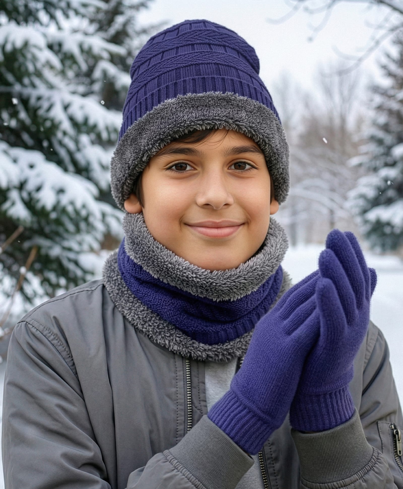 Pine Kids Knit Woollen Cap Cloves & Muffler Set Navy Blue - Diameter 18 cm-picture-19