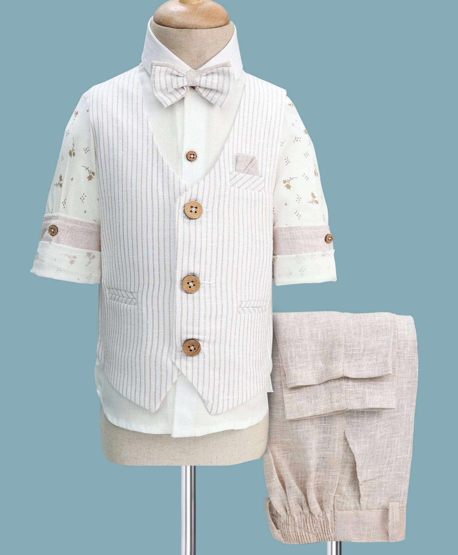Rikidoos Full Sleeves Striped & Leaves Printed 3 Piece Party Suit With Bow Set - White & Beige-picture-38