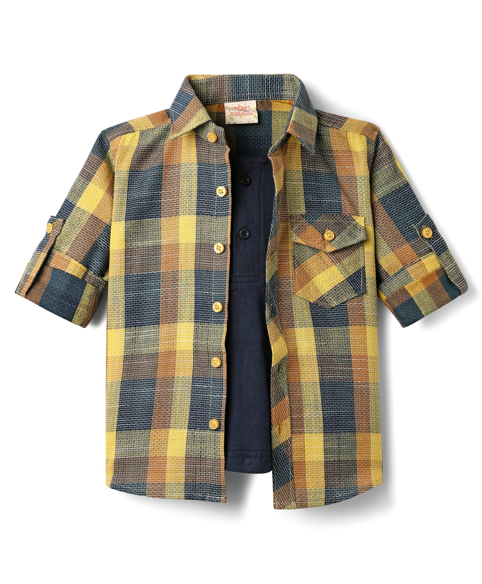 Rikidoos Full Sleeves Checked Shirt With Attached Tee - Mustard & Navy Blue-picture-14