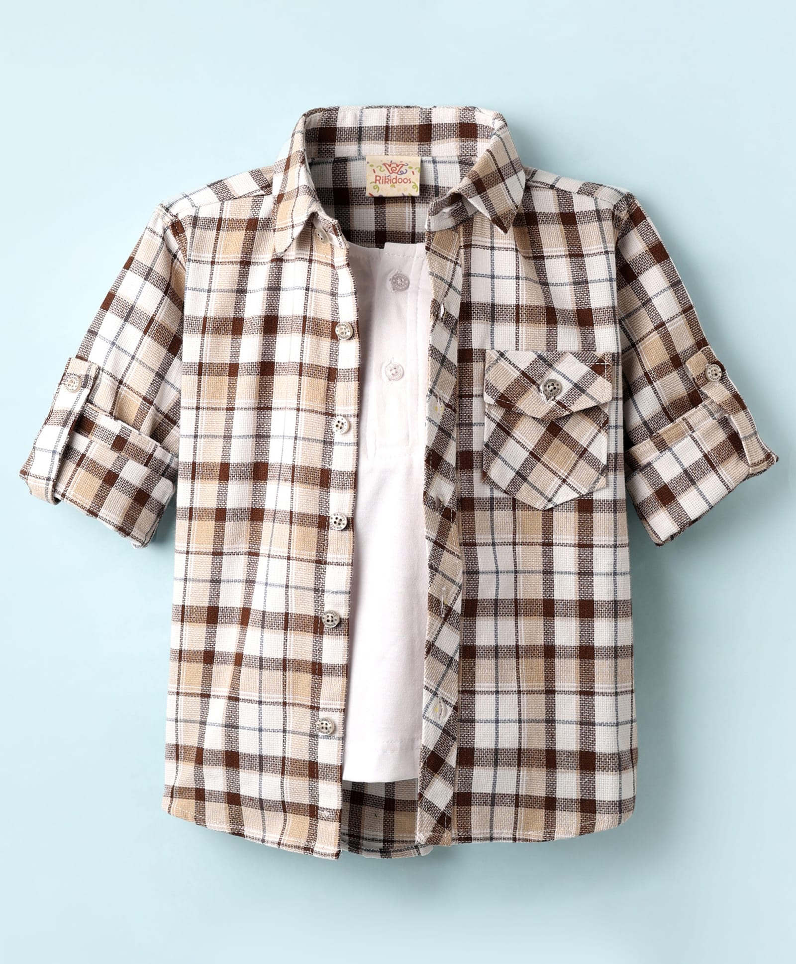 Rikidoos Full Sleeves Checked Shirt With Attached Tee - Beige & White-picture-12