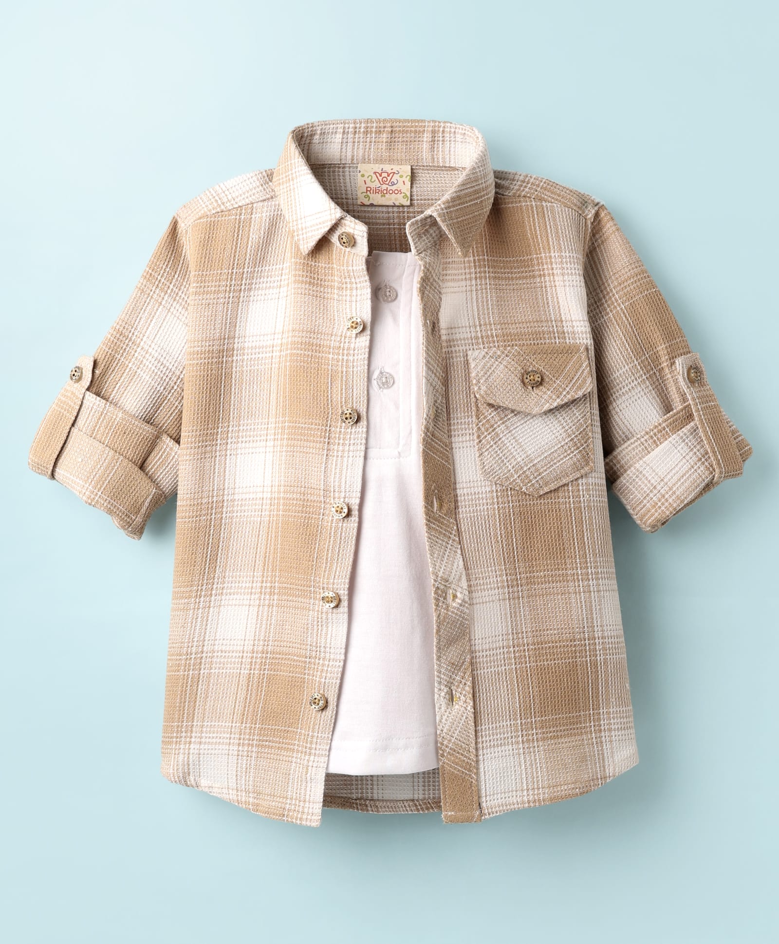 Rikidoos Full Sleeves Checked Shirt With Attached Tee - Beige & White