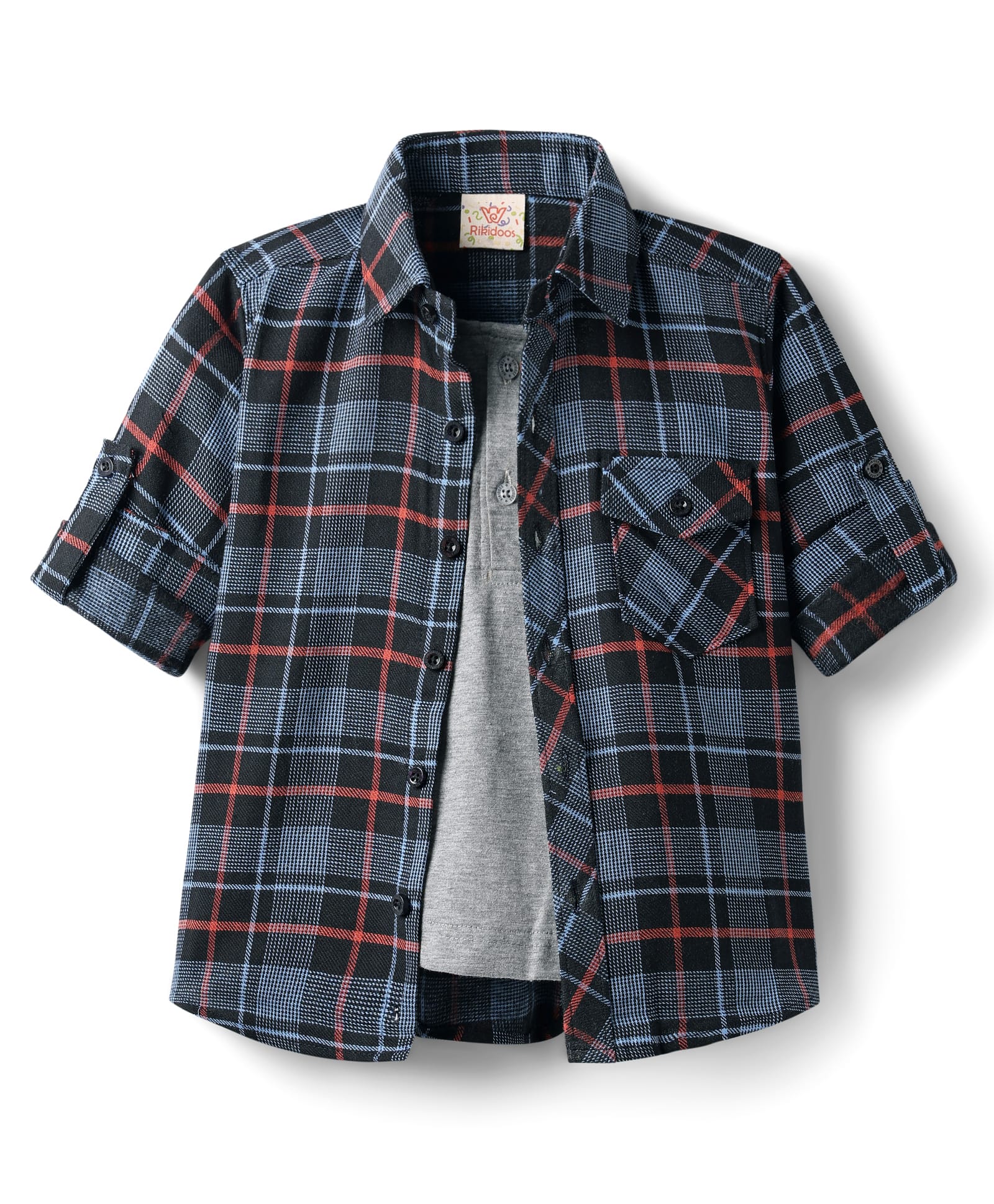 Rikidoos Full Sleeves Checked Shirt With Attached Tee - Black & Grey-picture-25