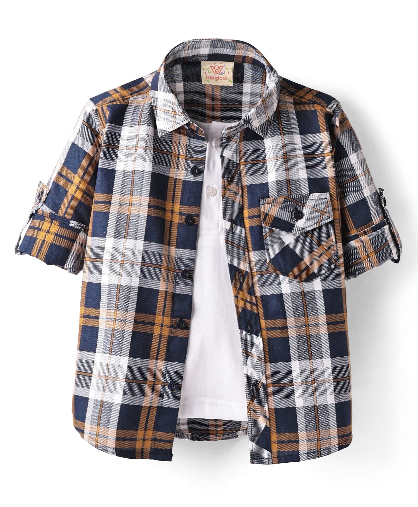 Rikidoos Full Sleeves Checked Shirt With Attached Tee - Navy Blue & White-image-29