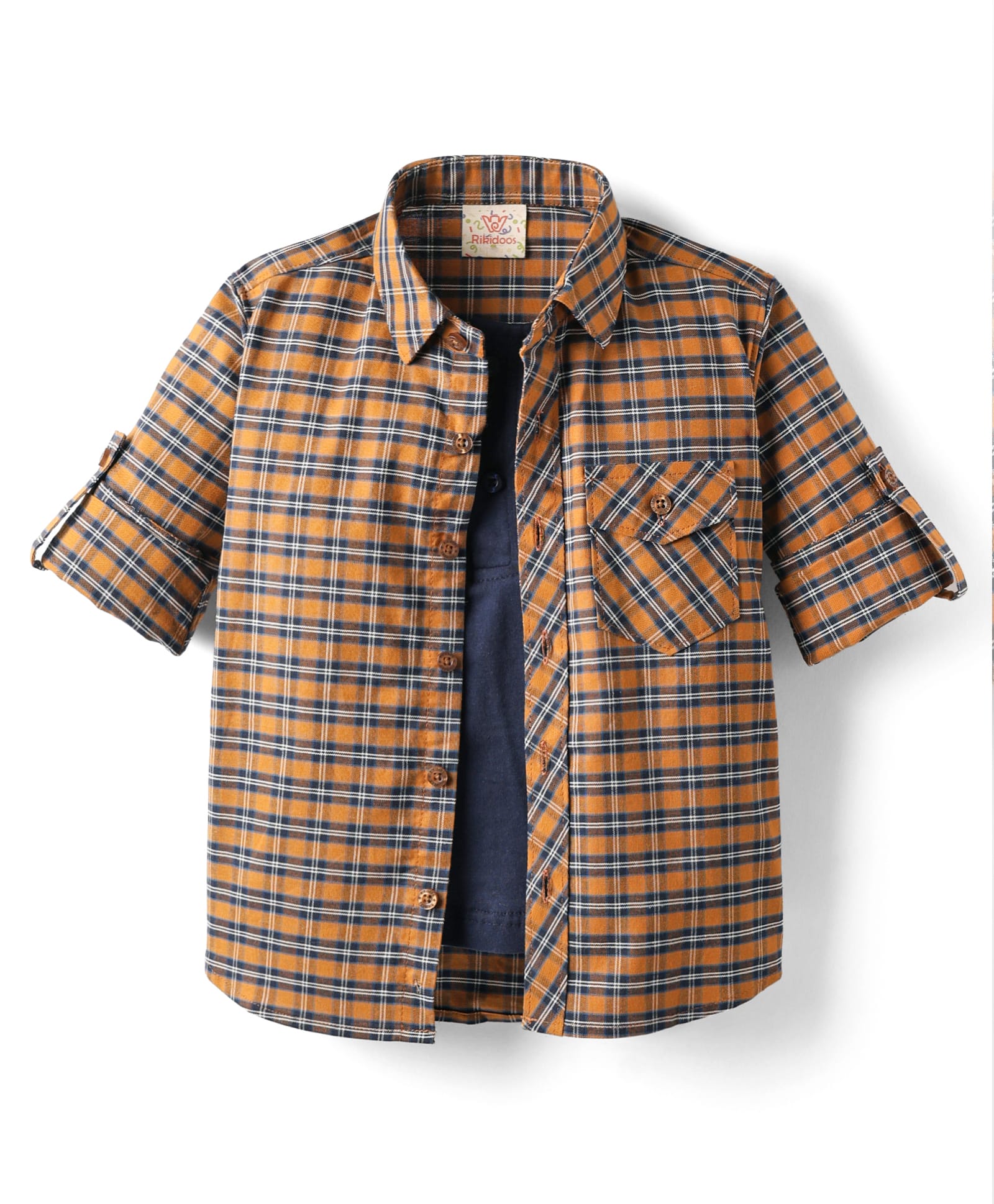 Rikidoos Full Sleeves Checked Shirt With Attached Tee - Brown & Navy Blue-picture-13