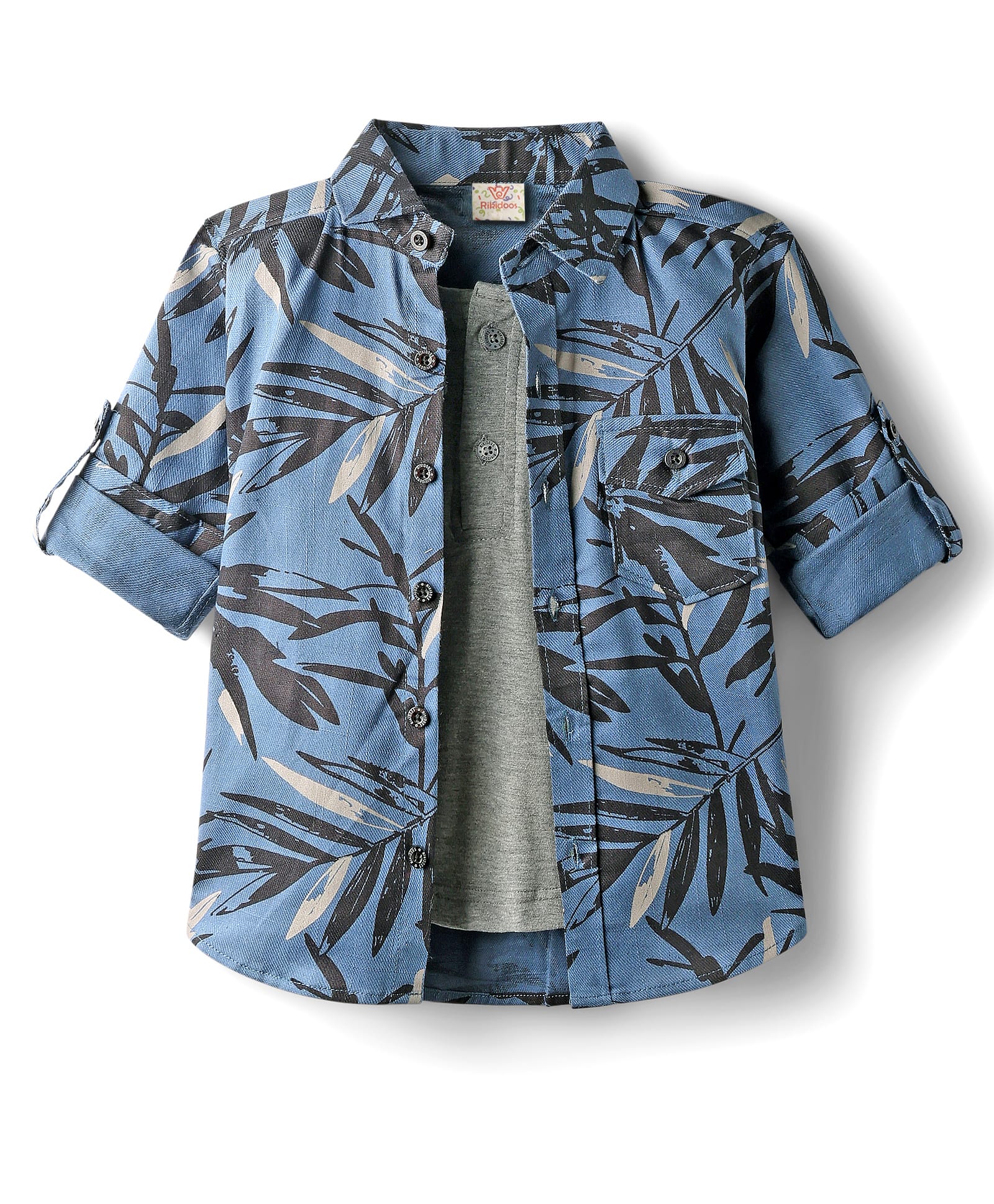 Rikidoos Full Sleeves Leaves Printed Shirt With Attached Tee - Light Blue & Grey-picture-42