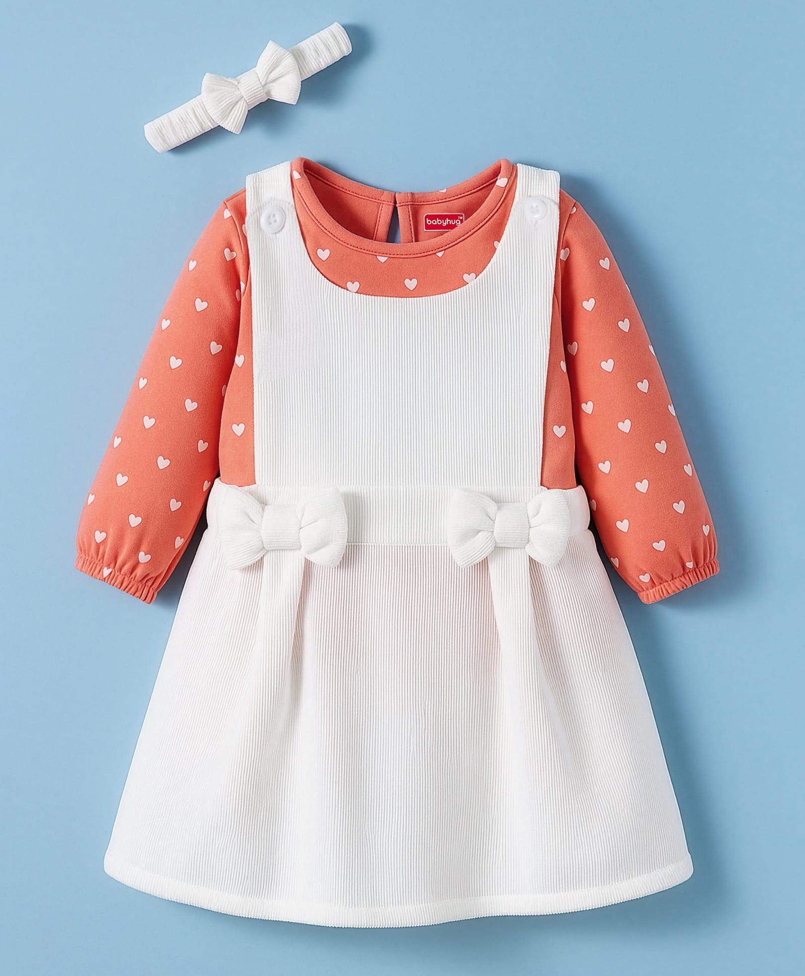 Babyhug Cotton Knit Full Sleeves Frock With Inner Tee & Polka Dot Print & Head Band - Peach & White-image-41