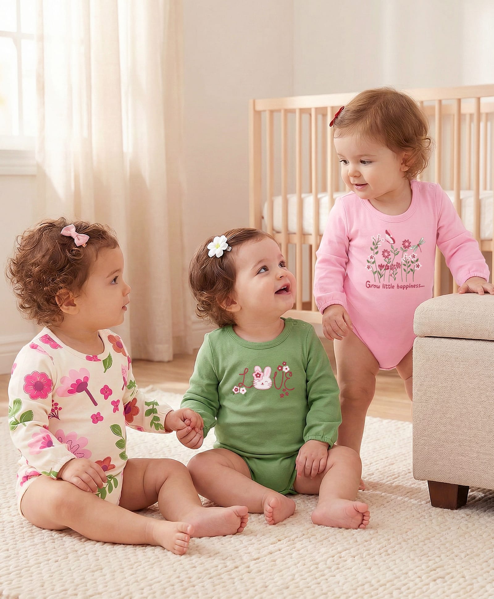 Babyoye 100% Cotton Knit With Eco Jiva Finish Floral Printed Onesies Pack of 3 - Olive Green Pink & White-image-43