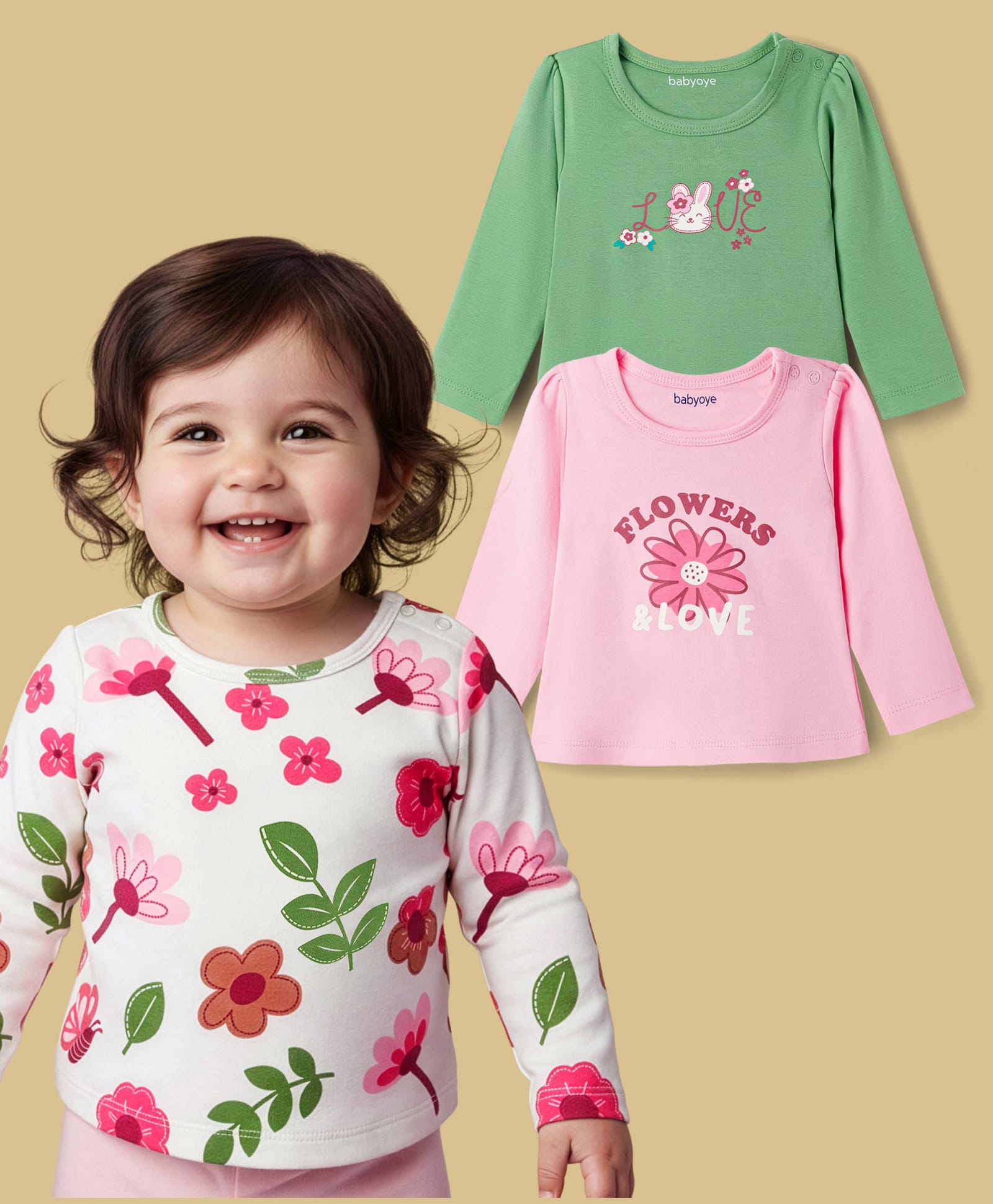 Babyoye 100% Cotton Knit Eco Jiva Finish Full Sleeves T-Shirts With Floral & Text Print Pack Of 3 - Pink White & Green-image-17