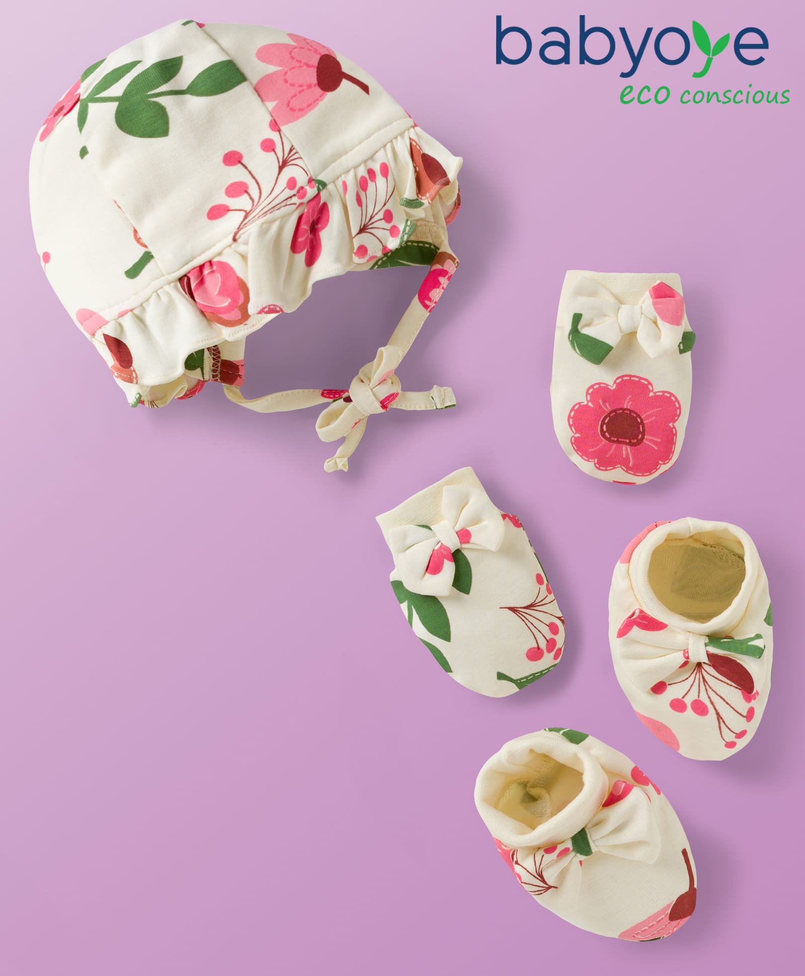 Babyoye 100% Cotton Interlock Knit with Eco Jiva Finish Cap with Knit Mittens & Booties Set with Floral Print & Bow Applique White - Diameter 16 cm-image-22