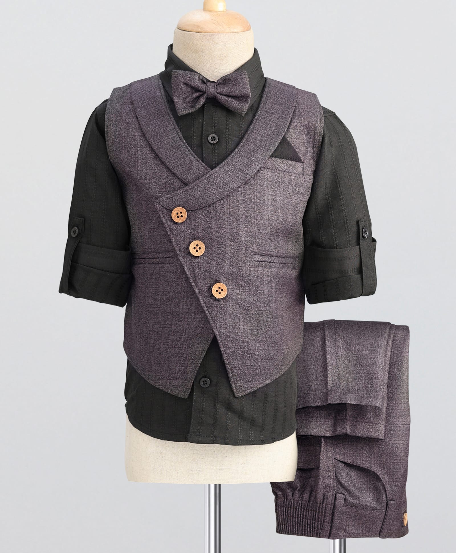 Rikidoos Full Sleeves Textured 3 Piece Party Suit With Bow Set - Wine & Black-picture-29
