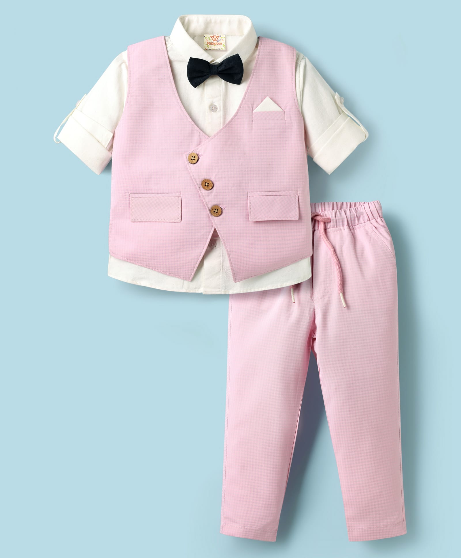 Rikidoos Full Sleeves Checked 3 Piece Party Suit With Bow Set - Baby Pink & White-image-14