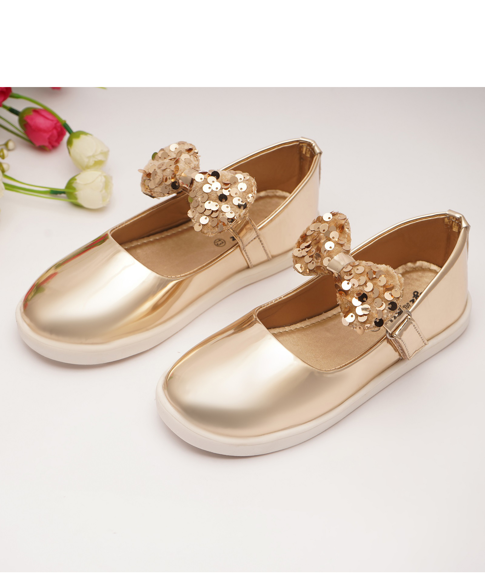 boyz n galz Sequins Bow Applique Detailed & Metallic With Velcro Closure Ballerinas - Gold-image-15