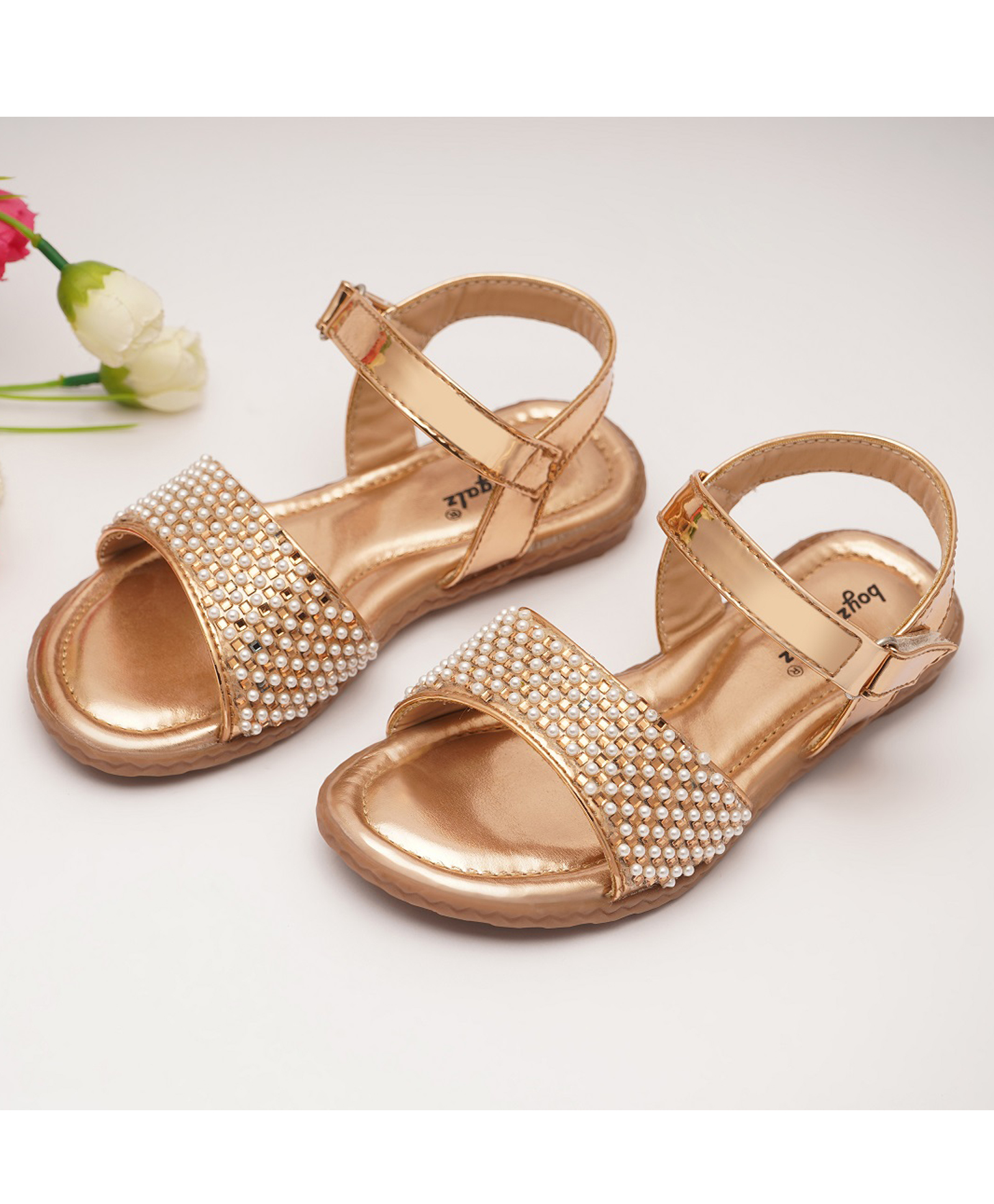 boyz n galz Pearls & Rhinestones Embellished With Velcro Closure Sandals - Rose Gold-image-13