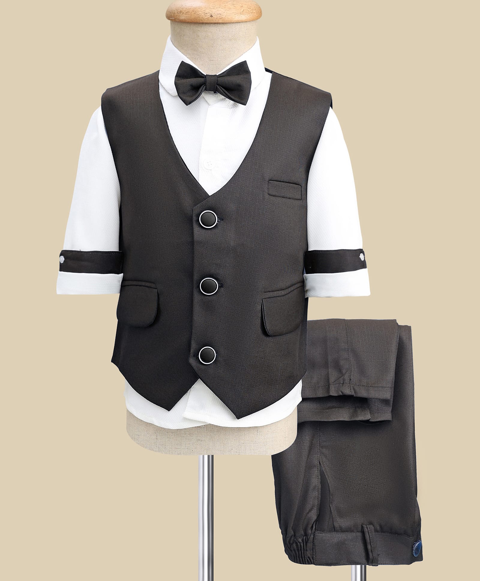 Radutu Full Sleeves Solid 3 Piece Party Suit With Bow Set - Charcoal Grey & White-picture-38