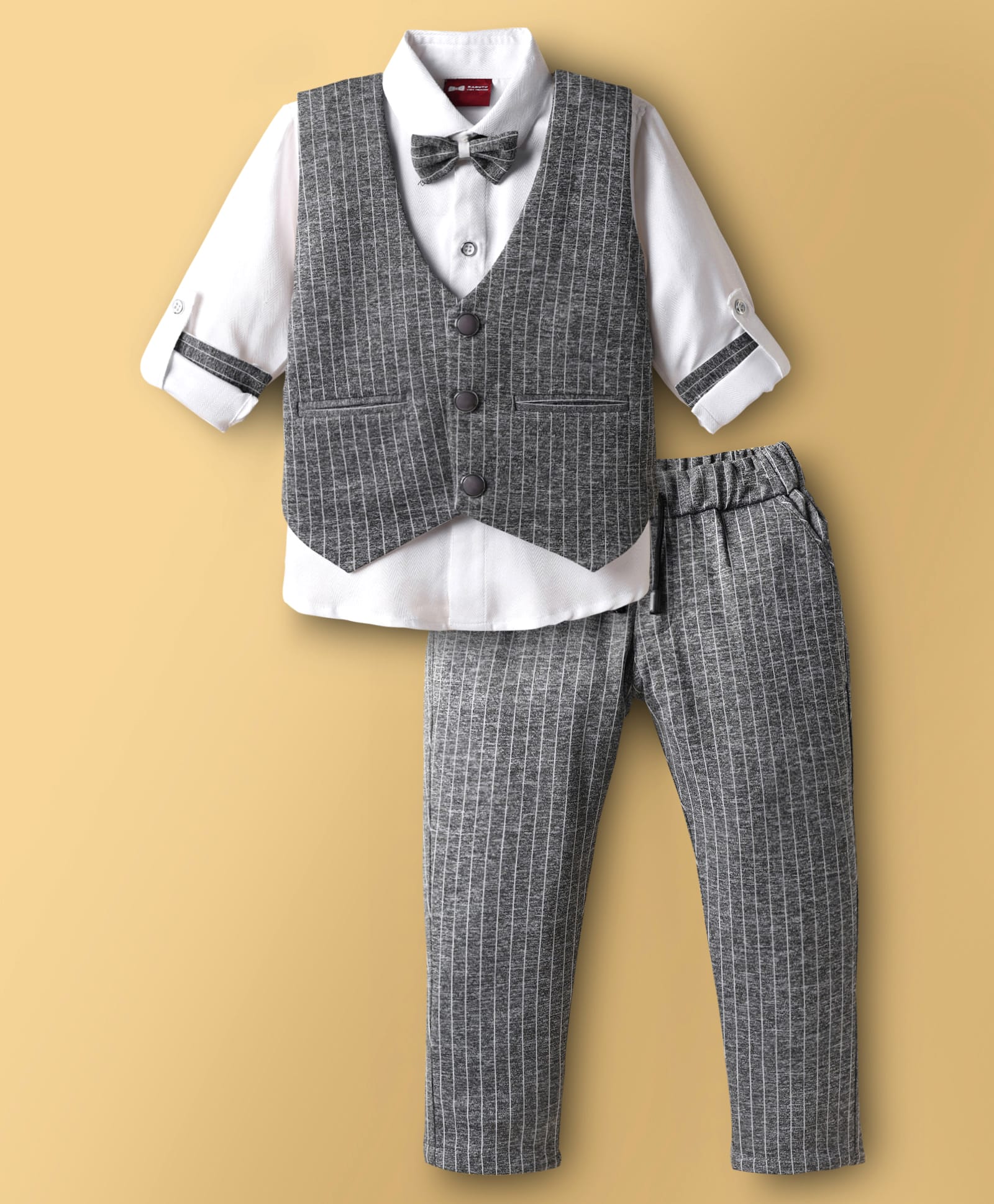 Radutu Full Sleeves Striped 3 Piece Party Suit With Bow Set - Grey & White-picture-45