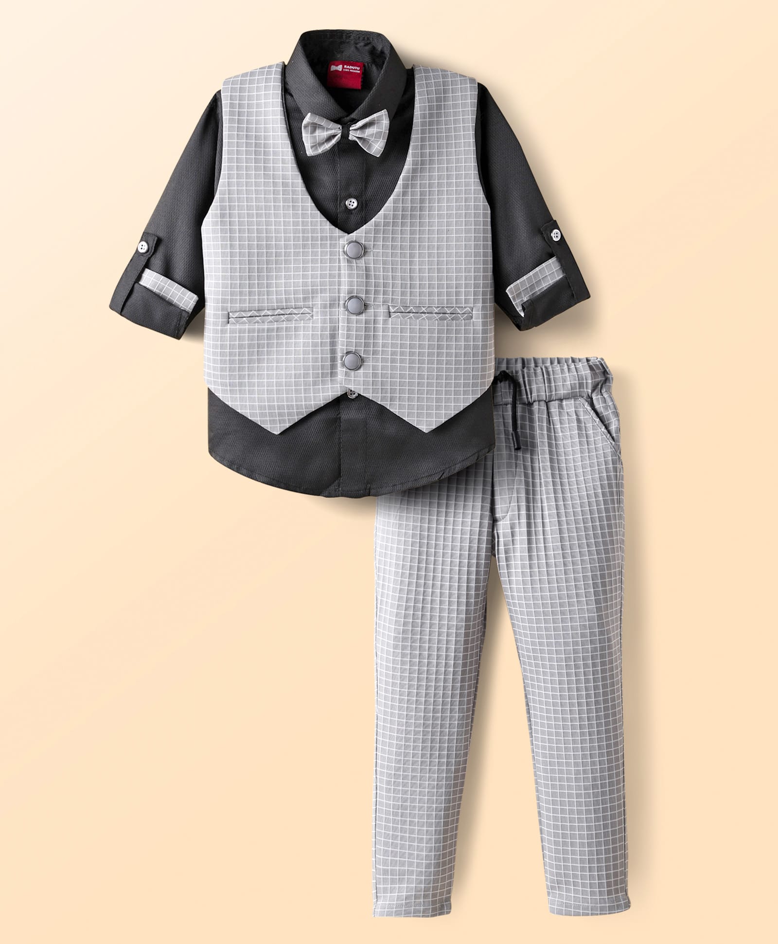 Radutu Full Sleeves Checked 3 Piece Party Suit With Bow Set - Grey & Black-picture-11