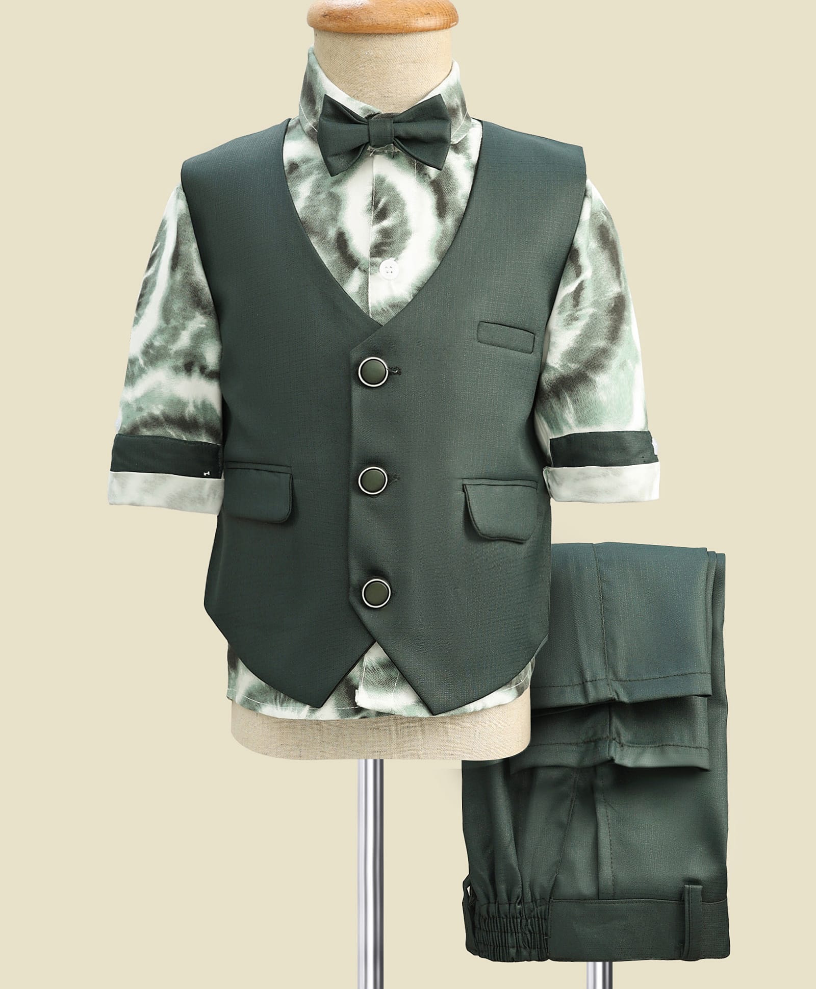 Radutu Full Sleeves Tie Die 3 Piece Party Suit With Bow Set - Bottle Green-picture-7