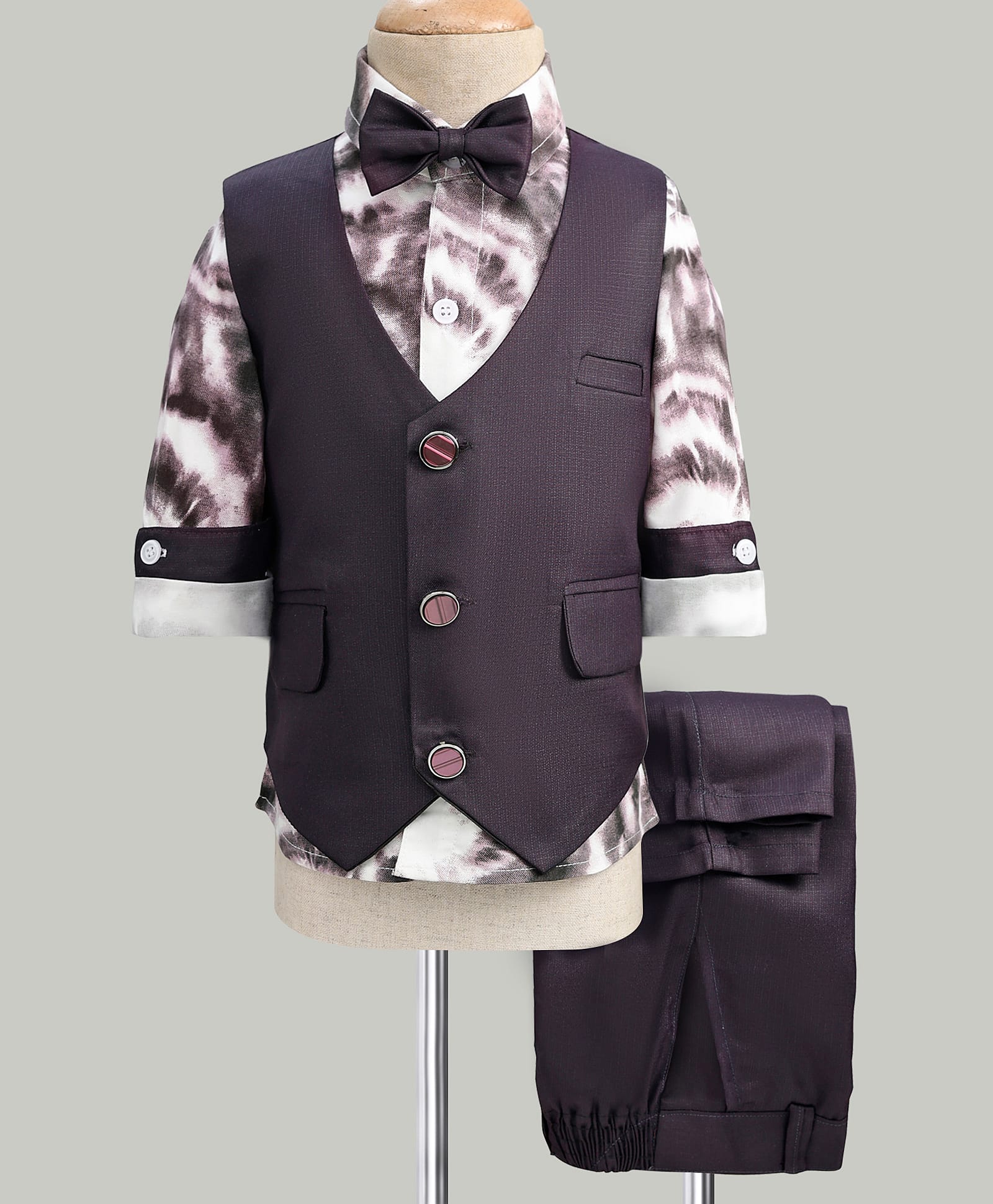 Radutu Full Sleeves Tie Die 3 Piece Party Suit With Bow Set - Wine-picture-21