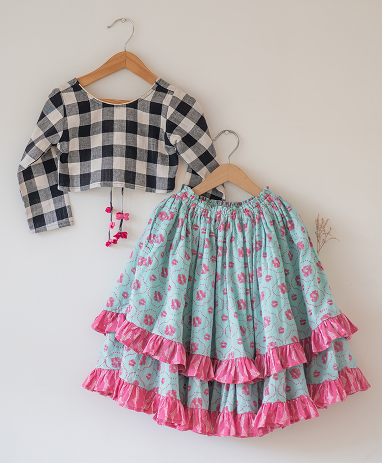 Love the World Today Cotton Woven Full Sleeves Checked & Floral Printed Layered Lehenga Choli Set - Blue & Black-picture-15